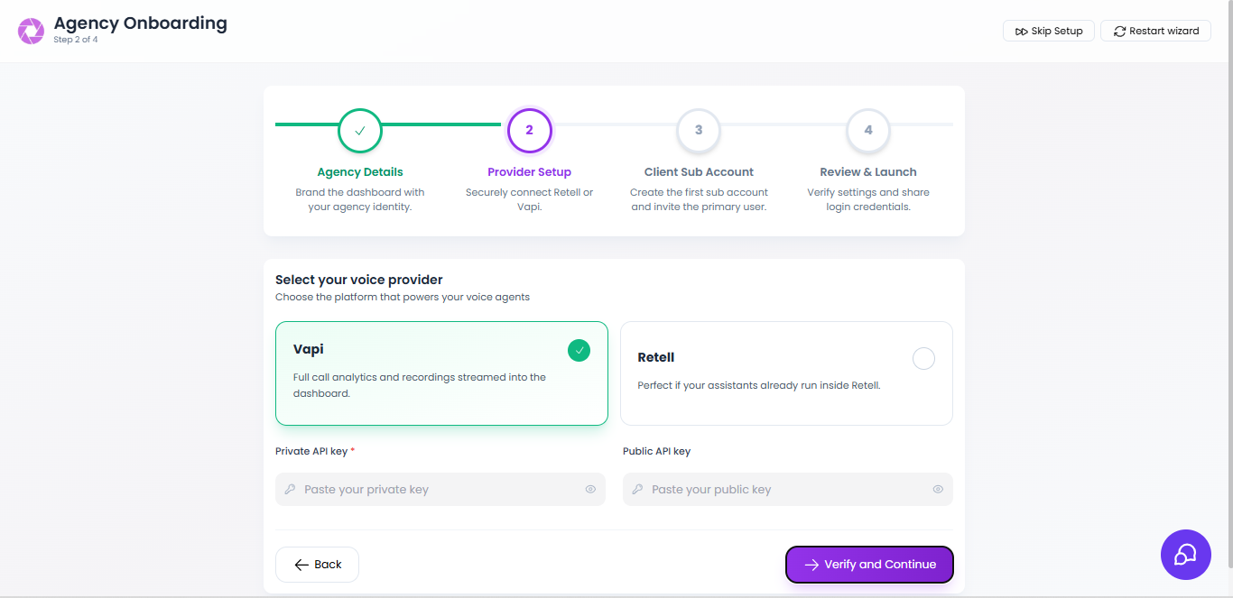 Agency Onboarding Step 2 - Provider Setup screen showing Vapi and Retell provider options with API key fields