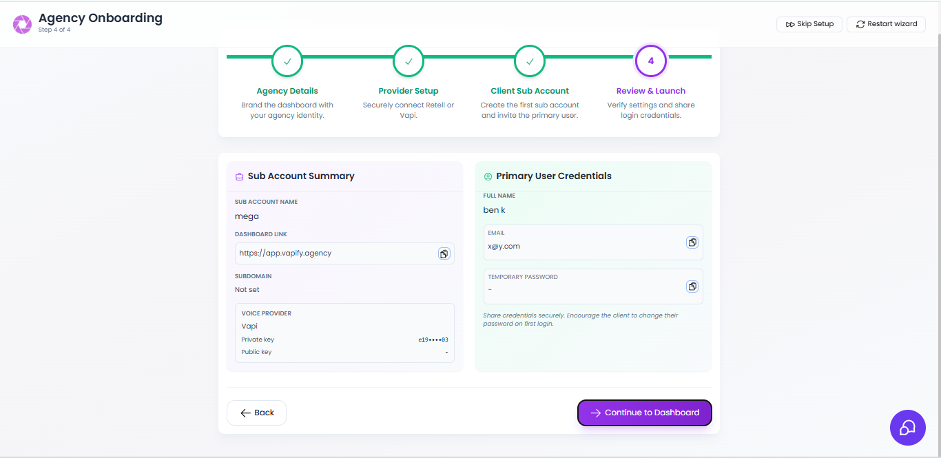 Agency Onboarding Step 4 - Review and Launch screen showing sub account summary and primary user credentials