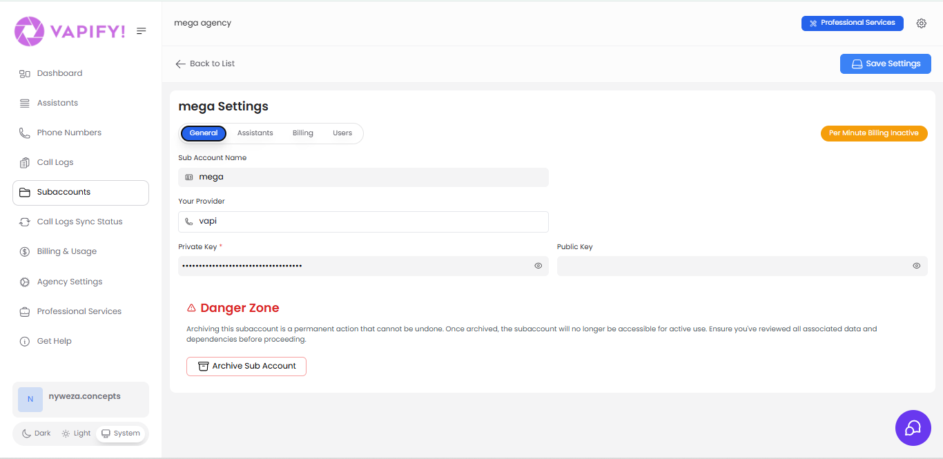 Sub Account General Settings