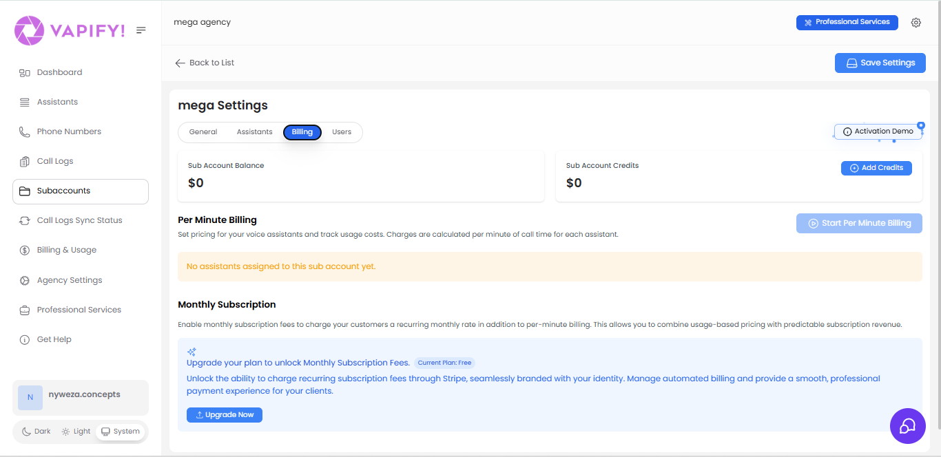 Sub Account Billing Configuration