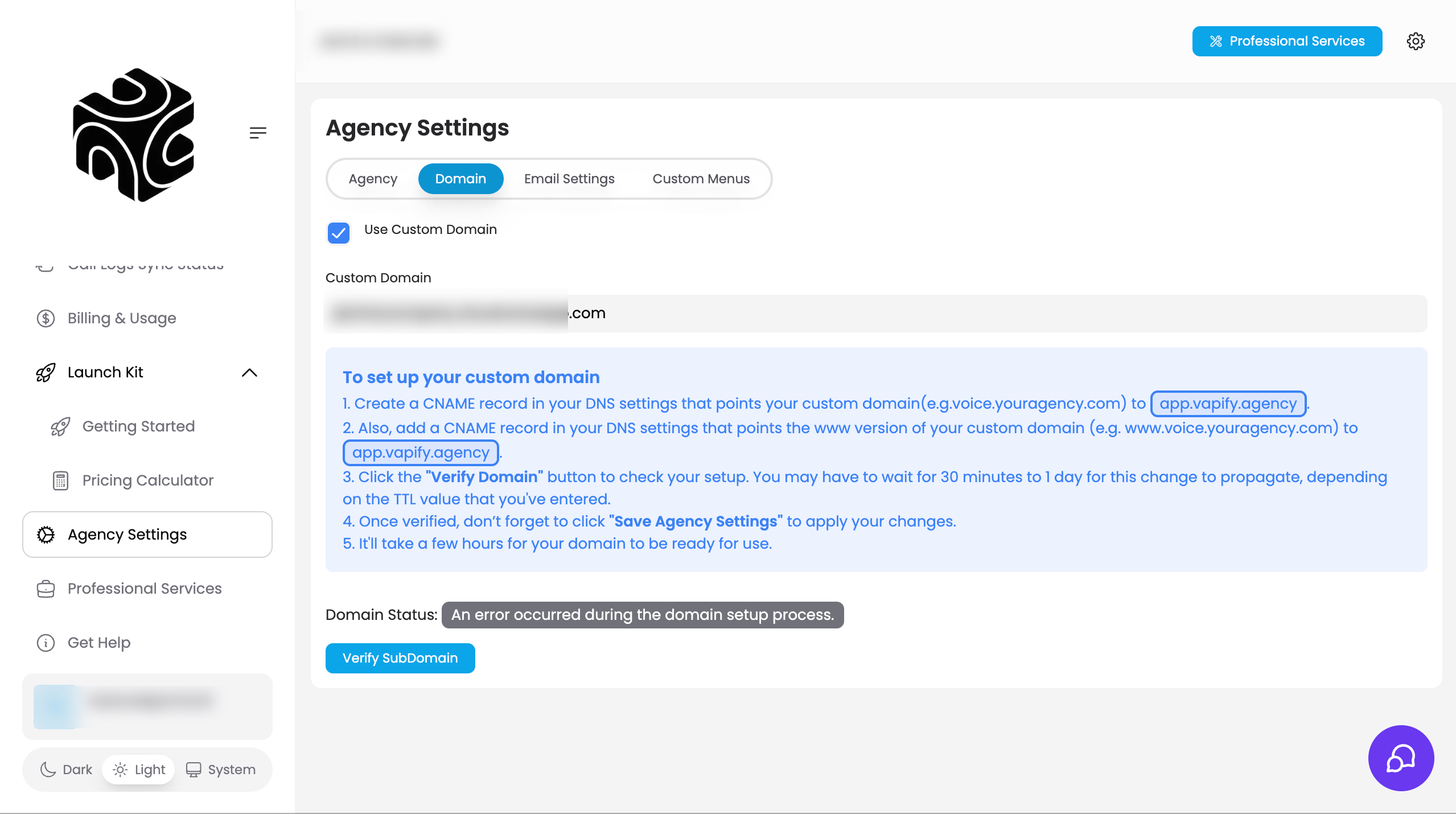 Domain tab showing custom subdomain setup and upgrade prompt