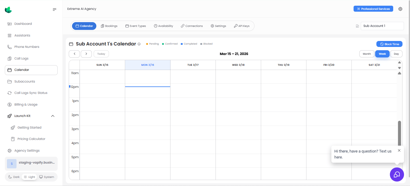 Calendar week view with status legend and block time action