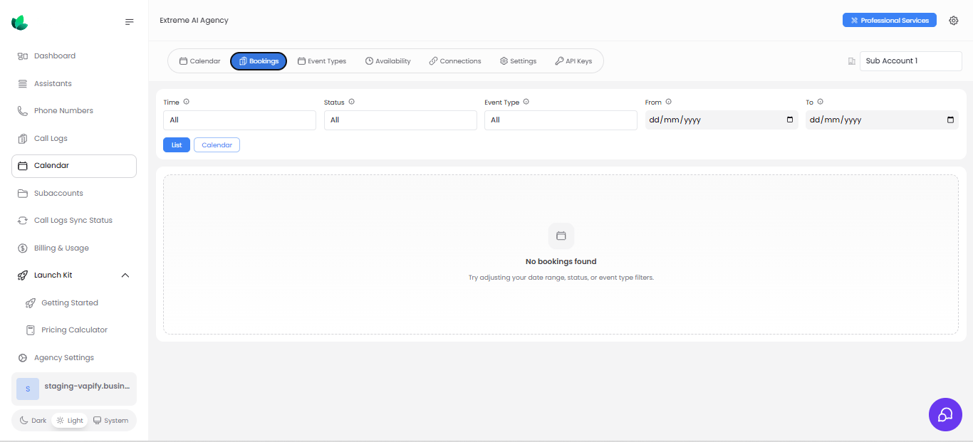 Bookings view with filters and list/calendar toggle
