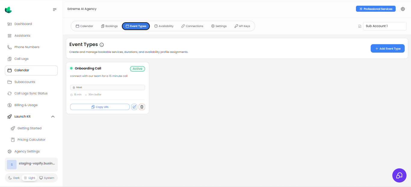 Event types list with active event card and copy URL action