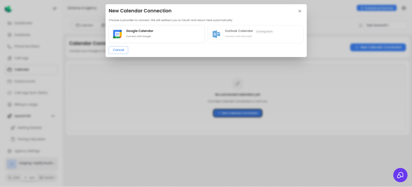 New calendar connection modal showing Google Calendar and Outlook options