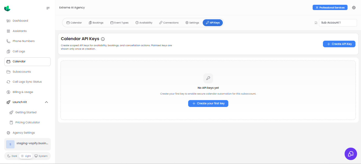 Calendar API keys page