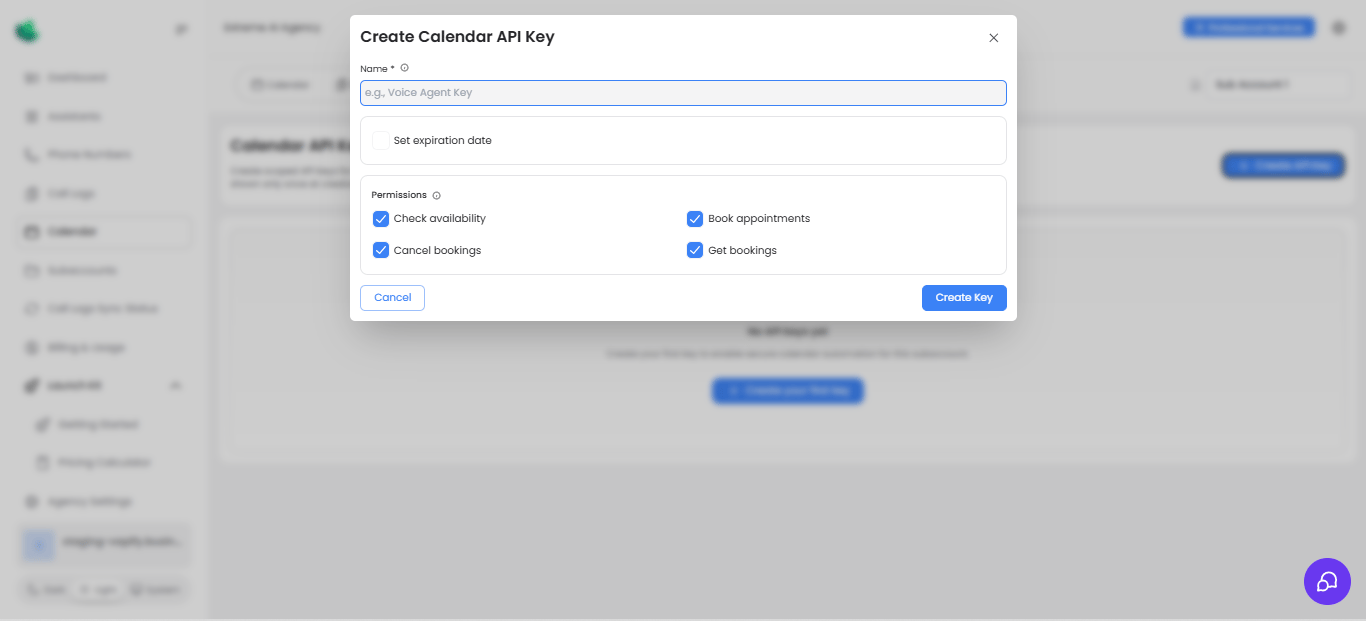 Create Calendar API Key modal with scoped permissions
