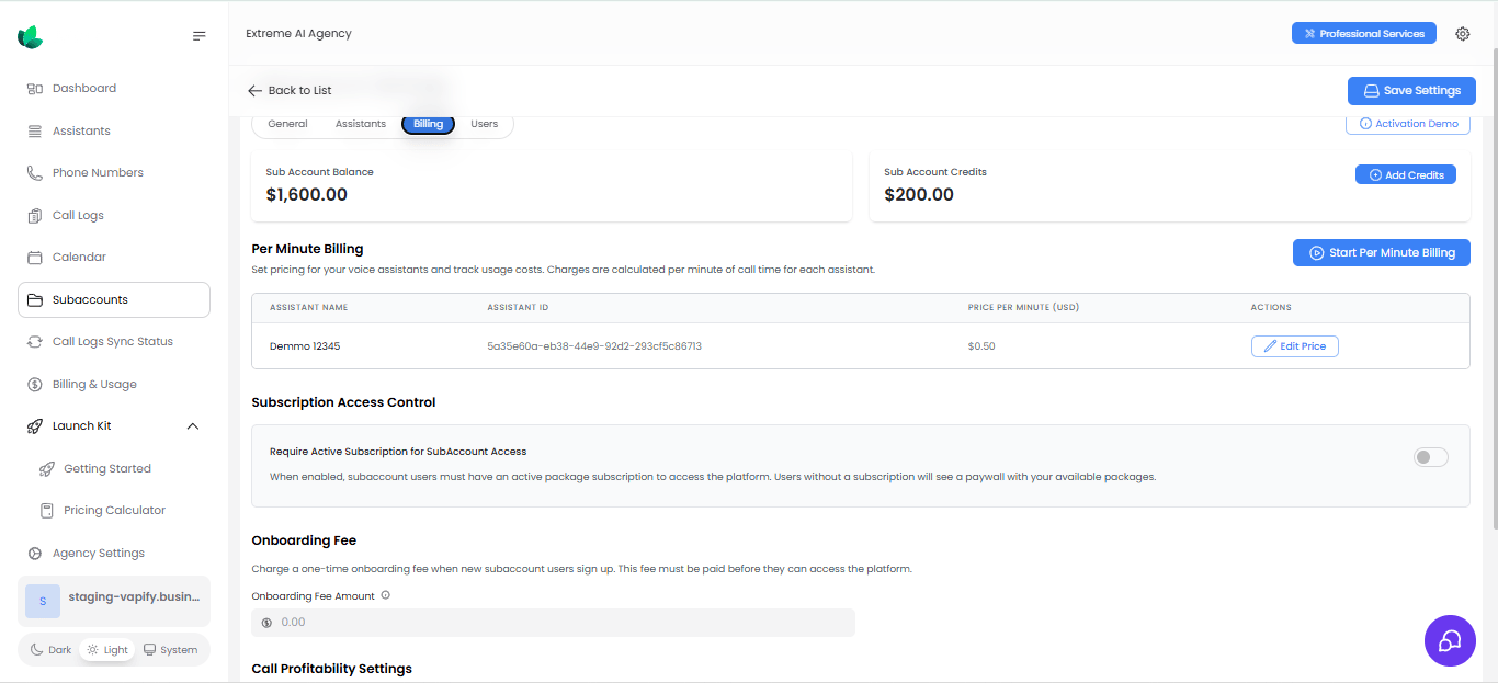 Sub Account Billing tab showing Balance, Credits, and onboarding fee settings