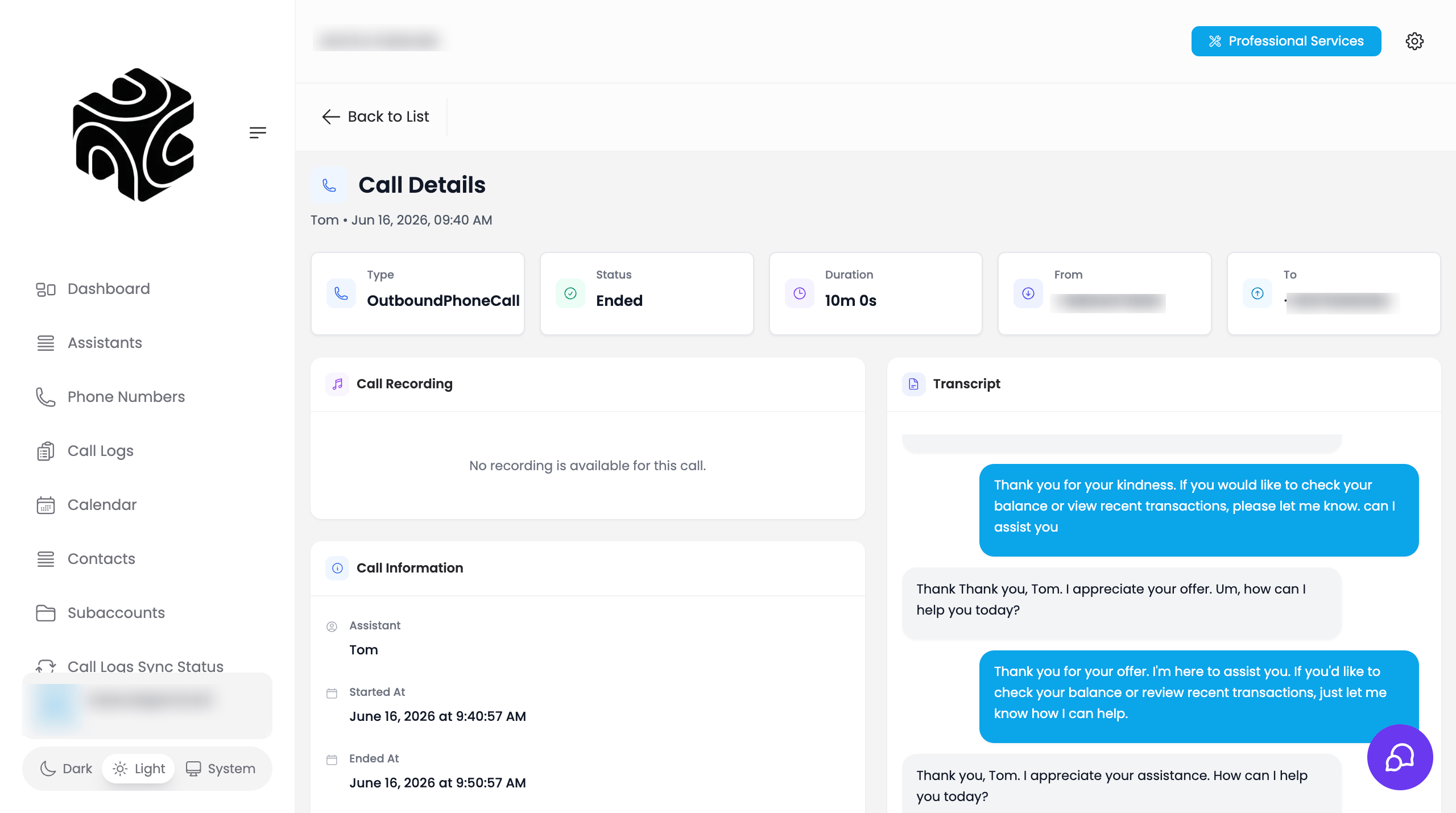 Call Details page showing call metadata, recording, and transcript