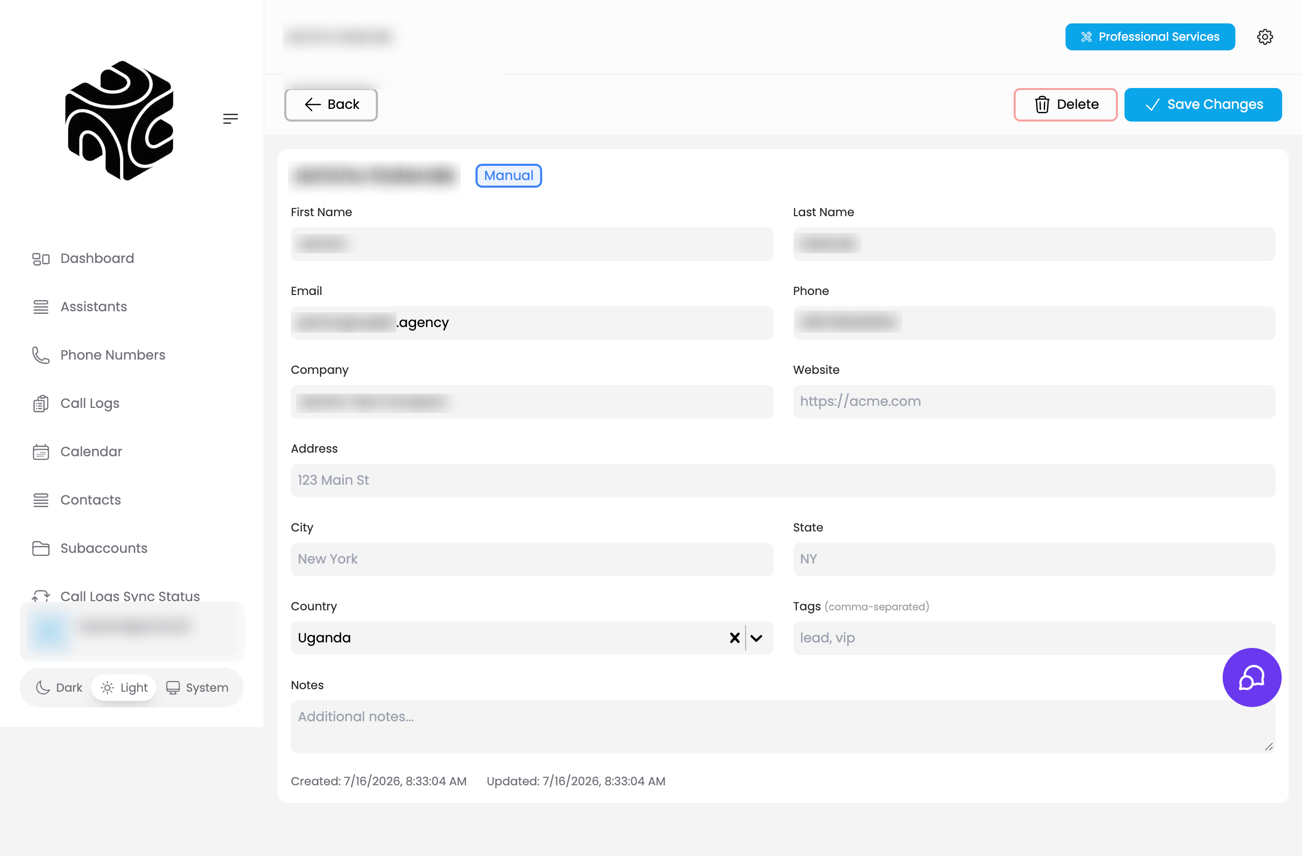 Contact detail page