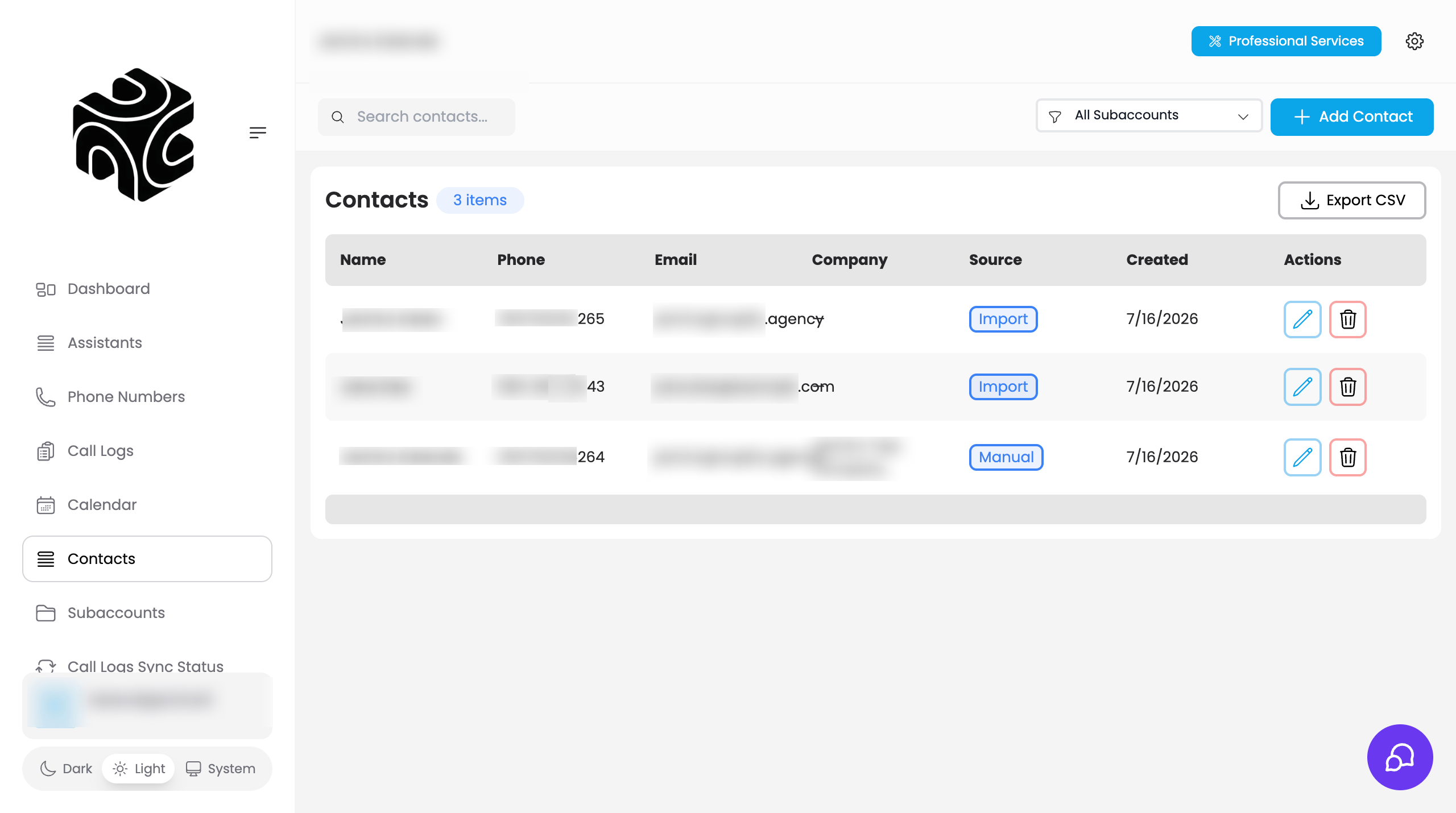 Contacts page