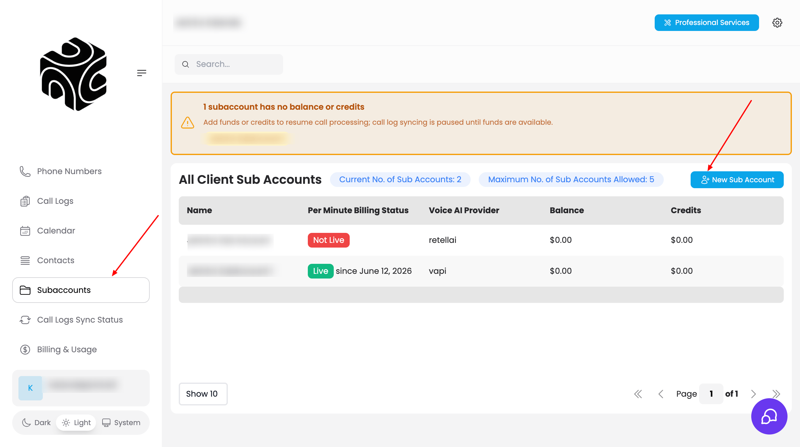 Subaccounts page — click New Sub Account to create a client