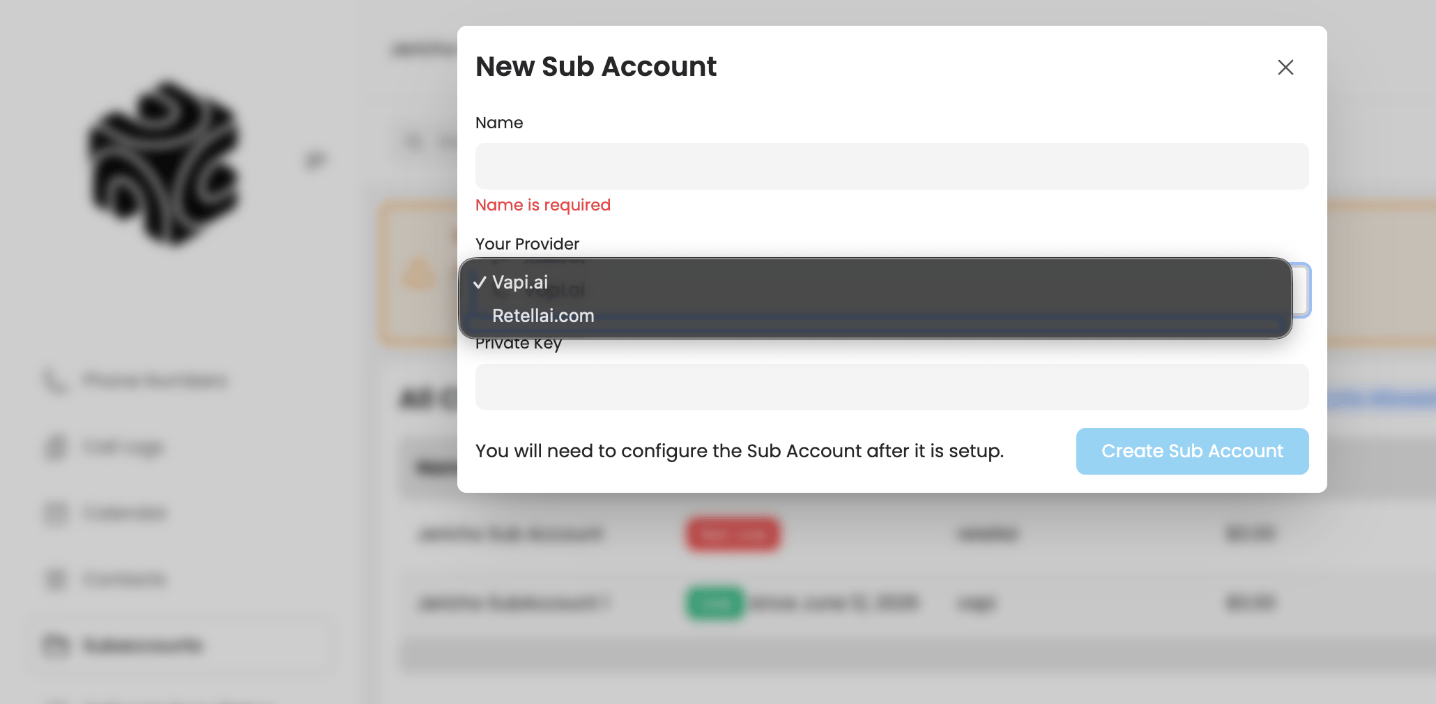 New Sub Account form — account name, provider selection, and private key