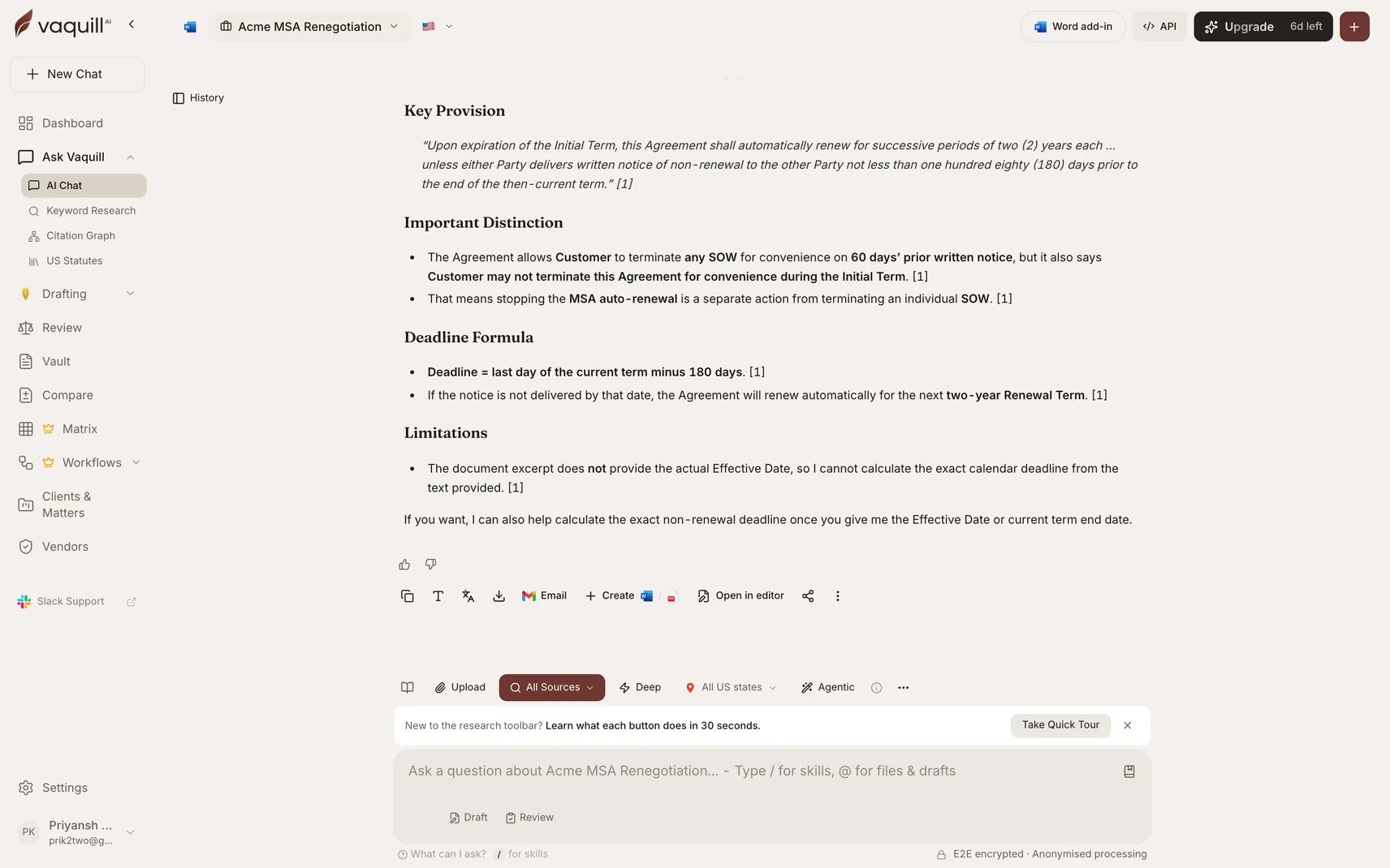 Screenshot of a chat conversation showing a cited answer with its sources panel