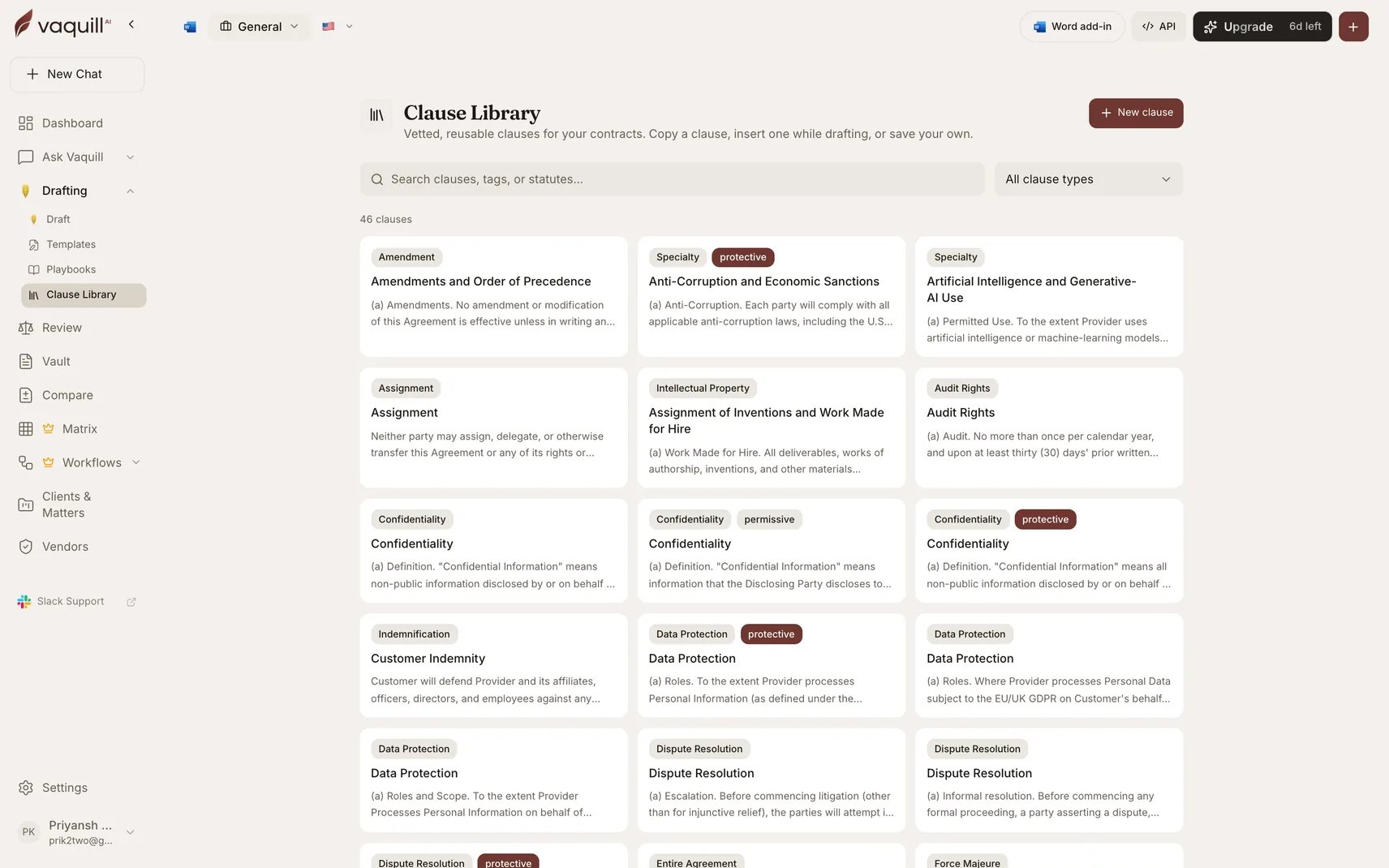 Screenshot of the Clause Library showing reusable contract clauses filterable by type and tone