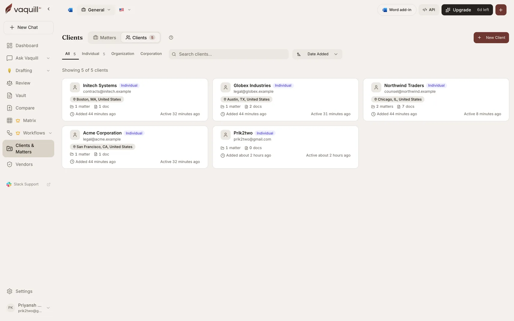 Screenshot of the Clients list showing client records
