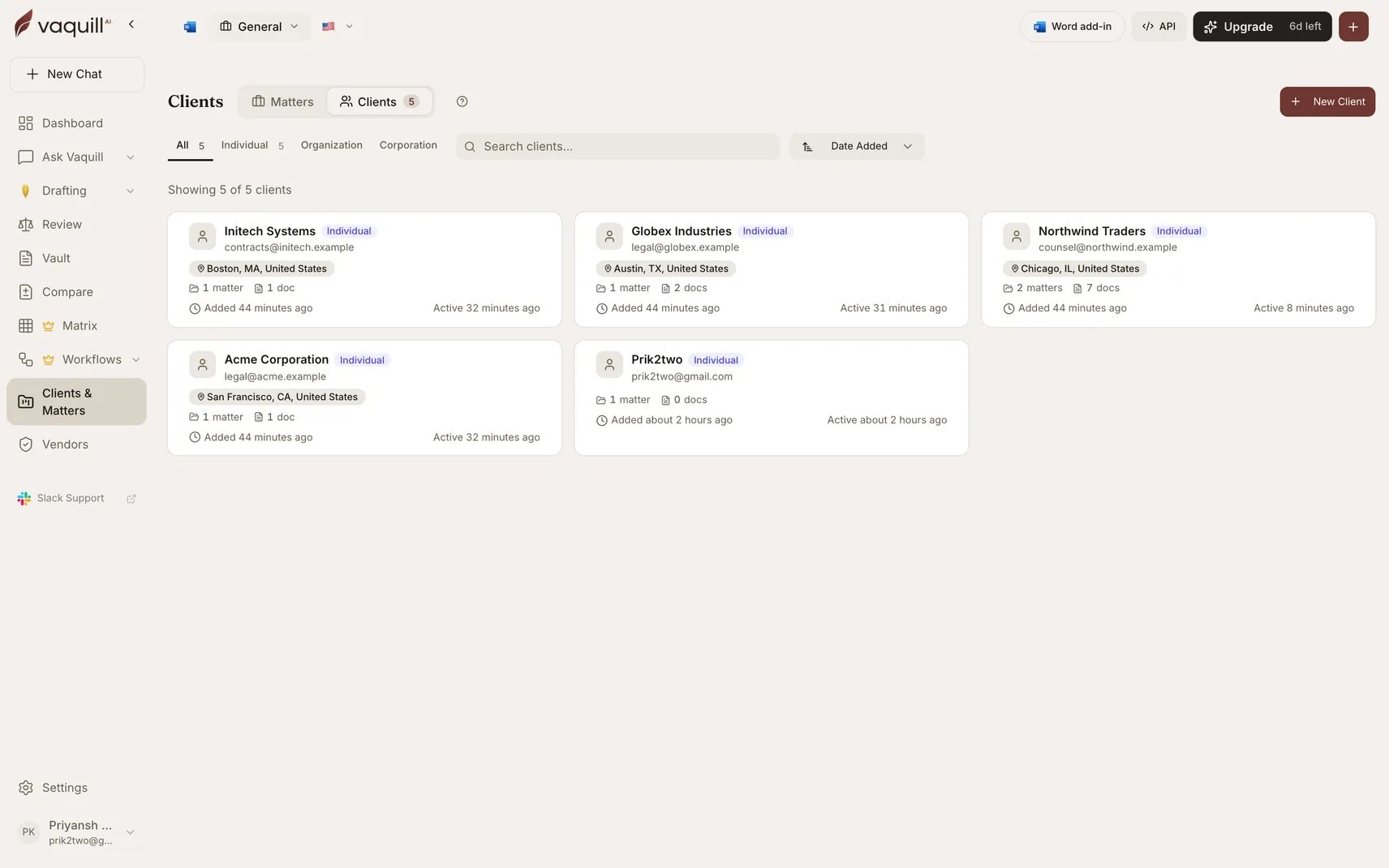Screenshot of the Clients list showing client records