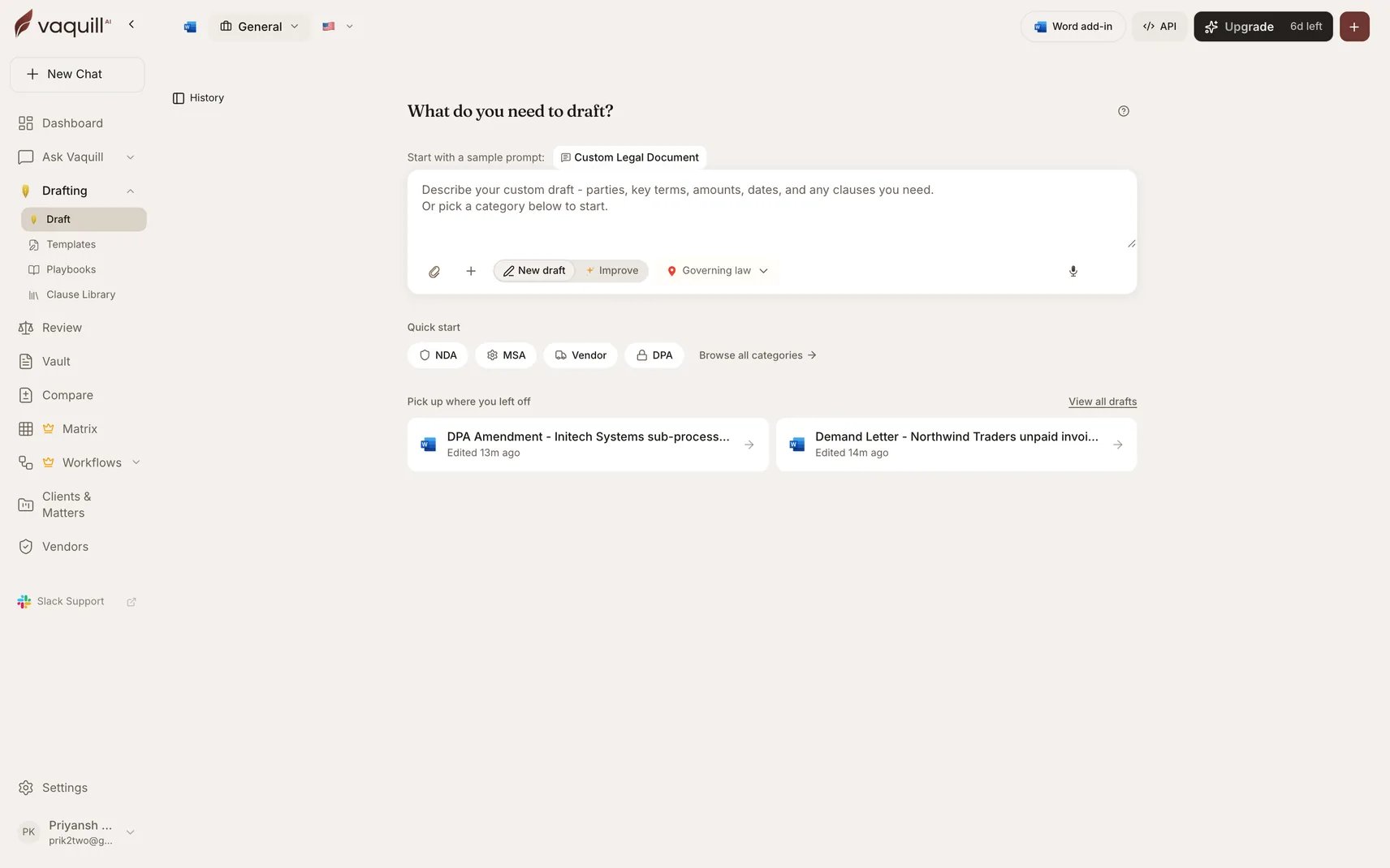Screenshot of the drafting start screen showing the prompt box, governing-law selector, and quick-start document types