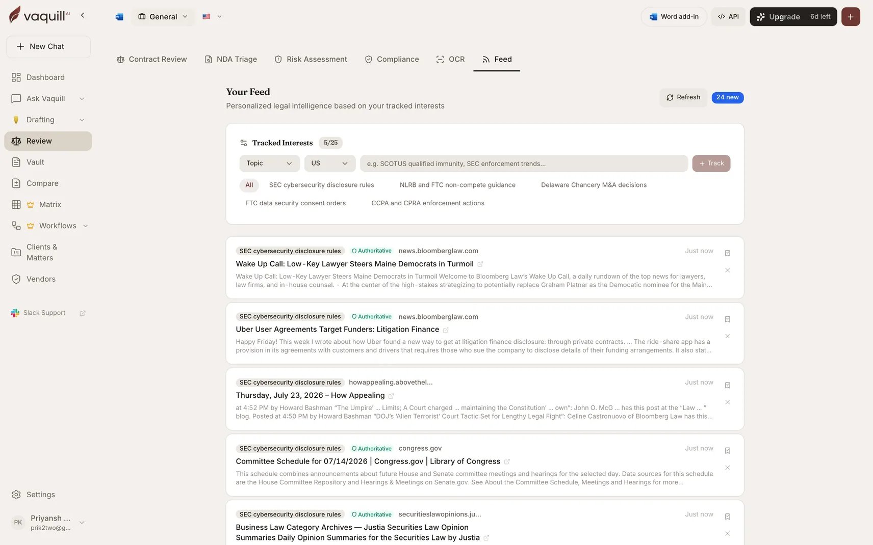 Screenshot of the Legal Intelligence Feed showing tracked interests and surfaced legal developments