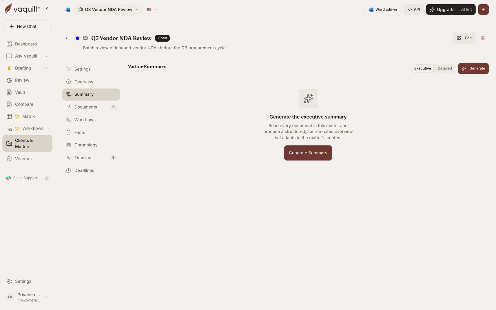 Screenshot of the matter Summary tab showing a citation-backed narrative summary of the matter