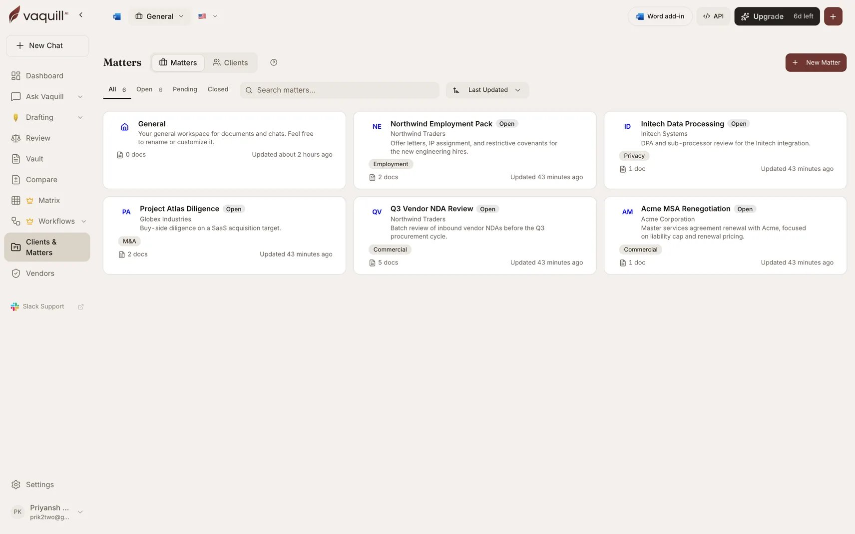 Screenshot of the Matters list showing matters with their client, practice area, and document count