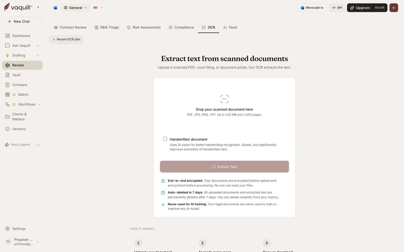 Screenshot of the OCR tool showing the upload area for scanned PDFs and images