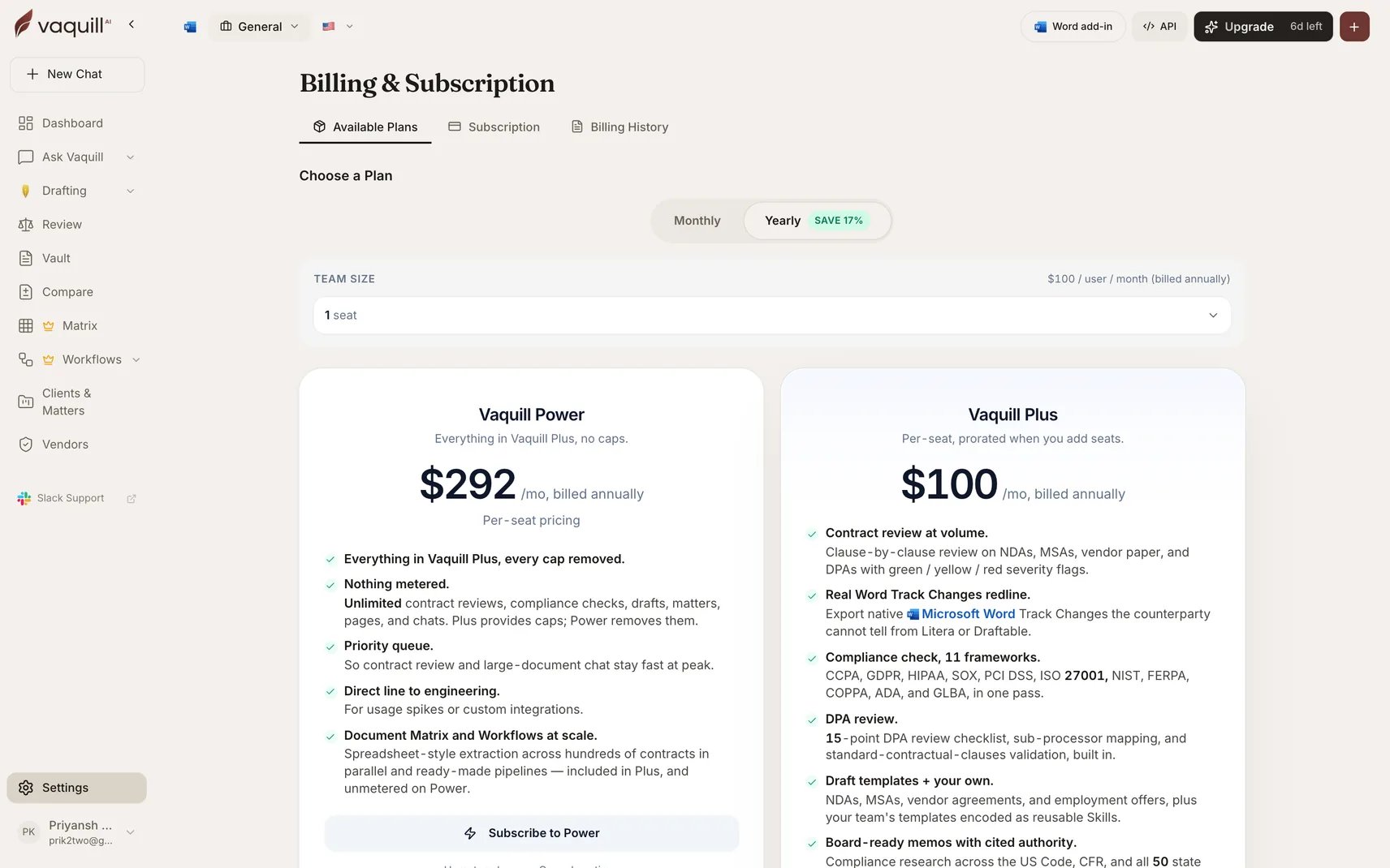 Screenshot of the billing settings page showing current plan and trial status