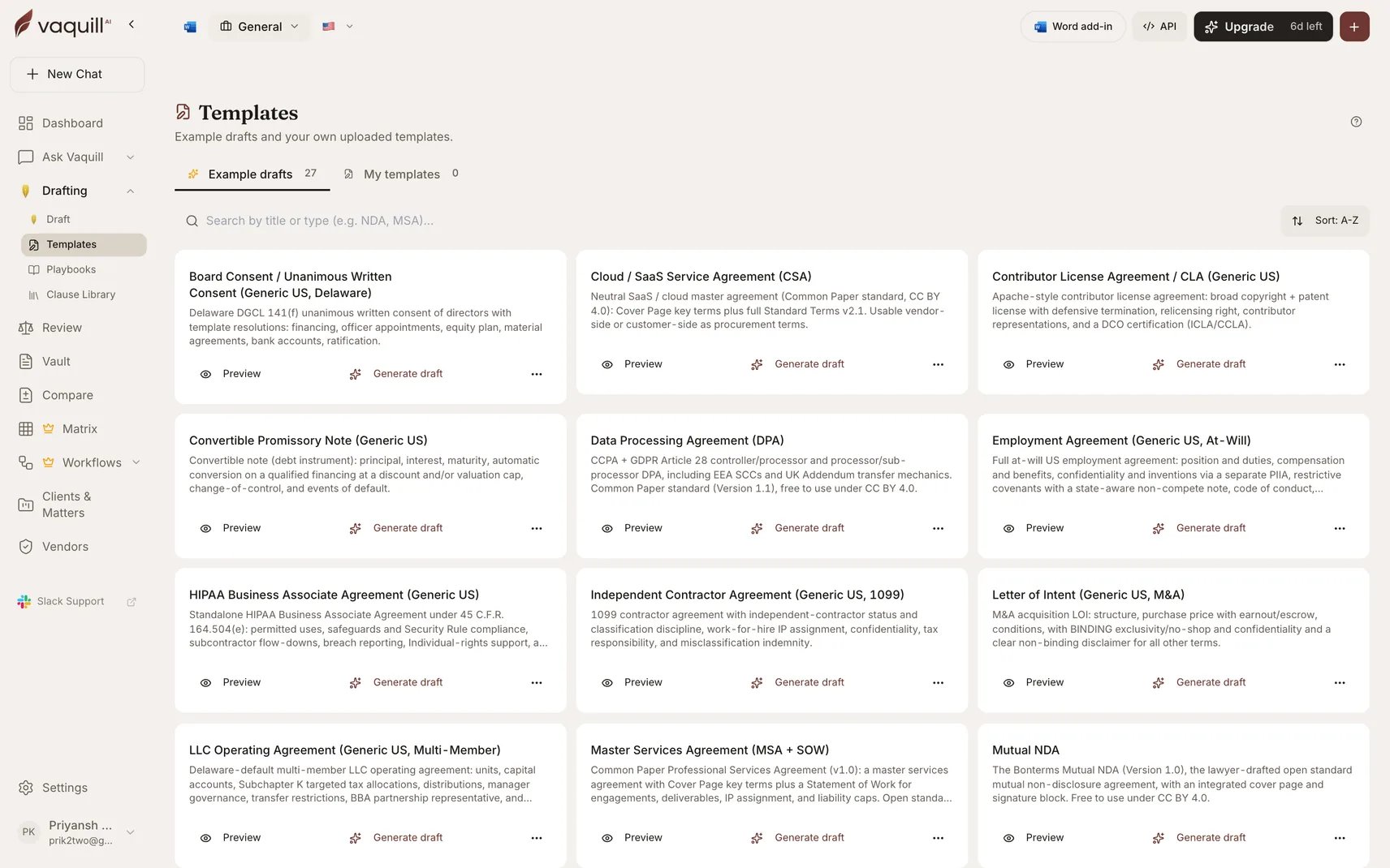 Screenshot of the Templates gallery showing saved document templates