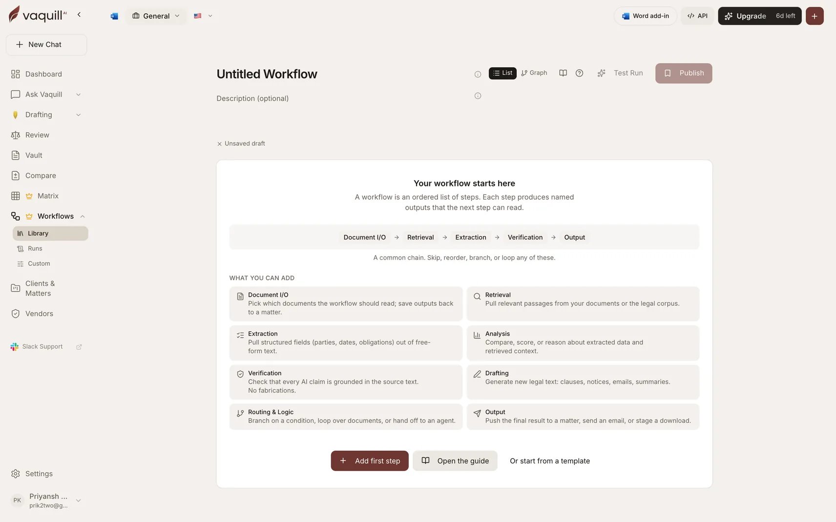 Screenshot of the workflow builder empty state showing the eight step categories and the Add first step action