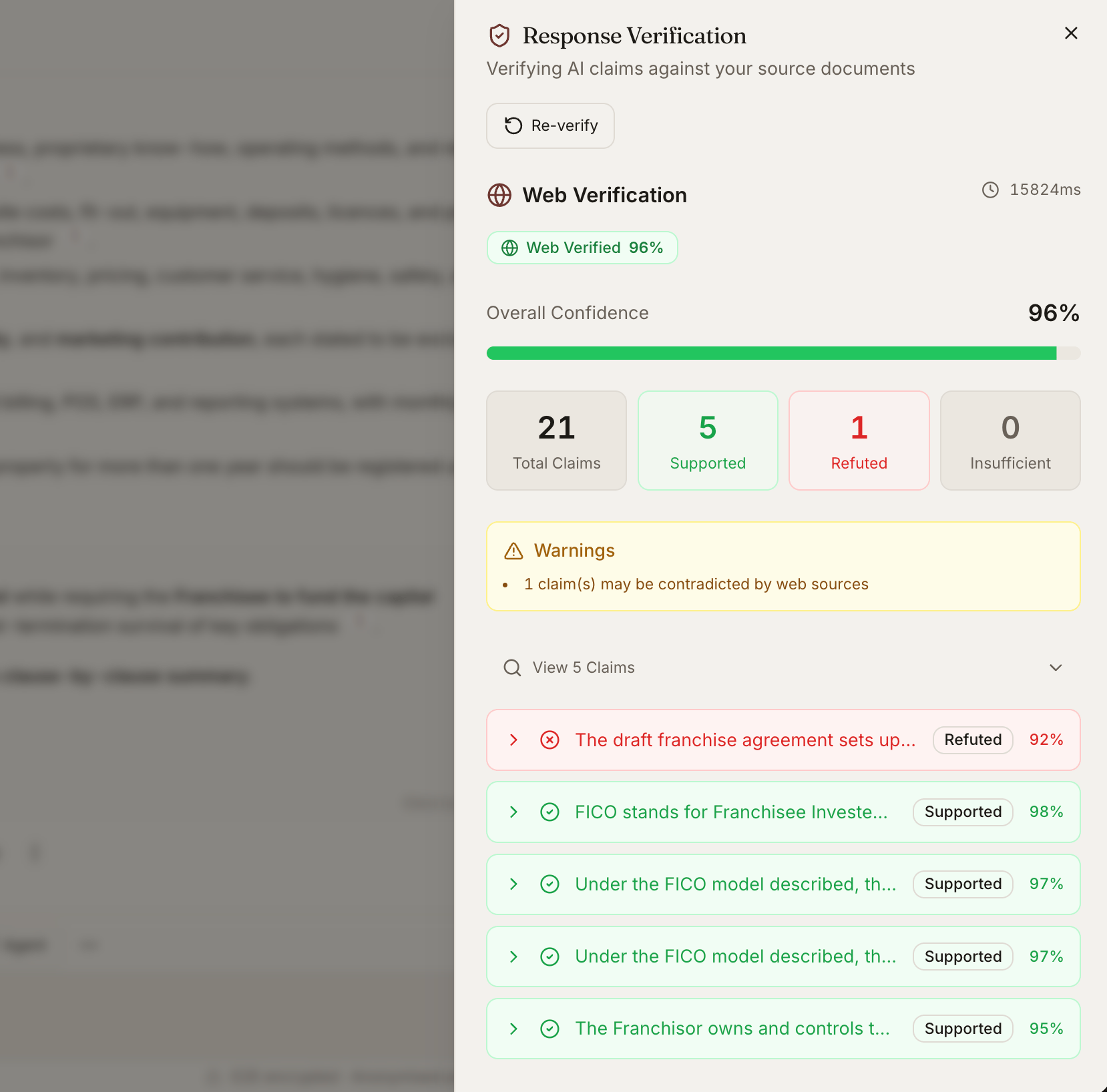Response Verification panel showing overall confidence and each claim marked Supported or Refuted against its sources