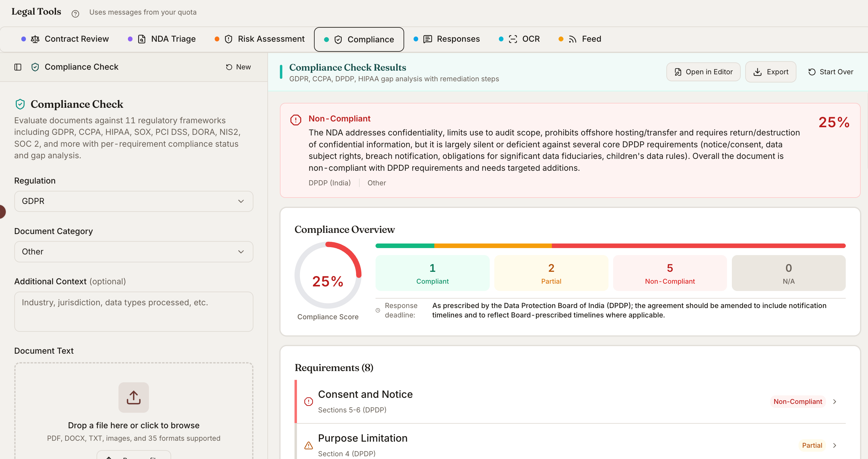 Compliance Check results: a compliance score with a per-requirement Compliant, Partial, and Non-Compliant breakdown and remediation steps