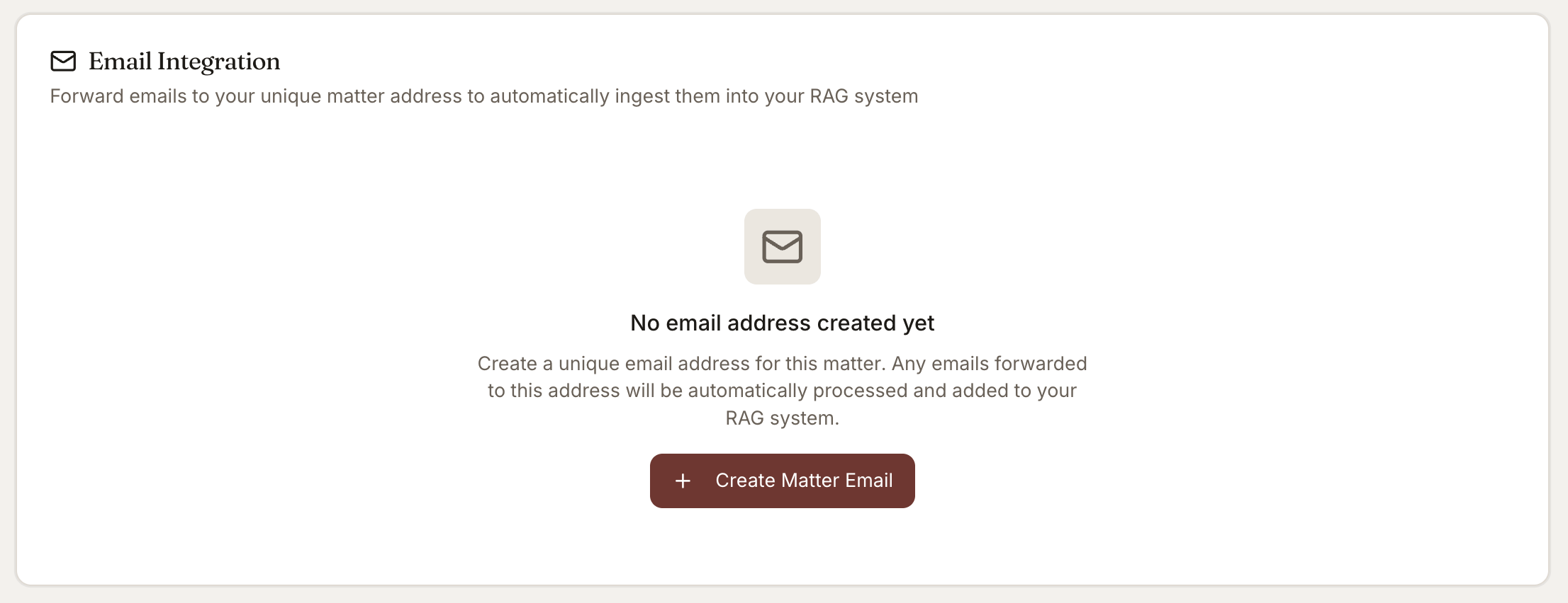 Email Integration: forward emails to a unique matter address to automatically ingest them into the matter