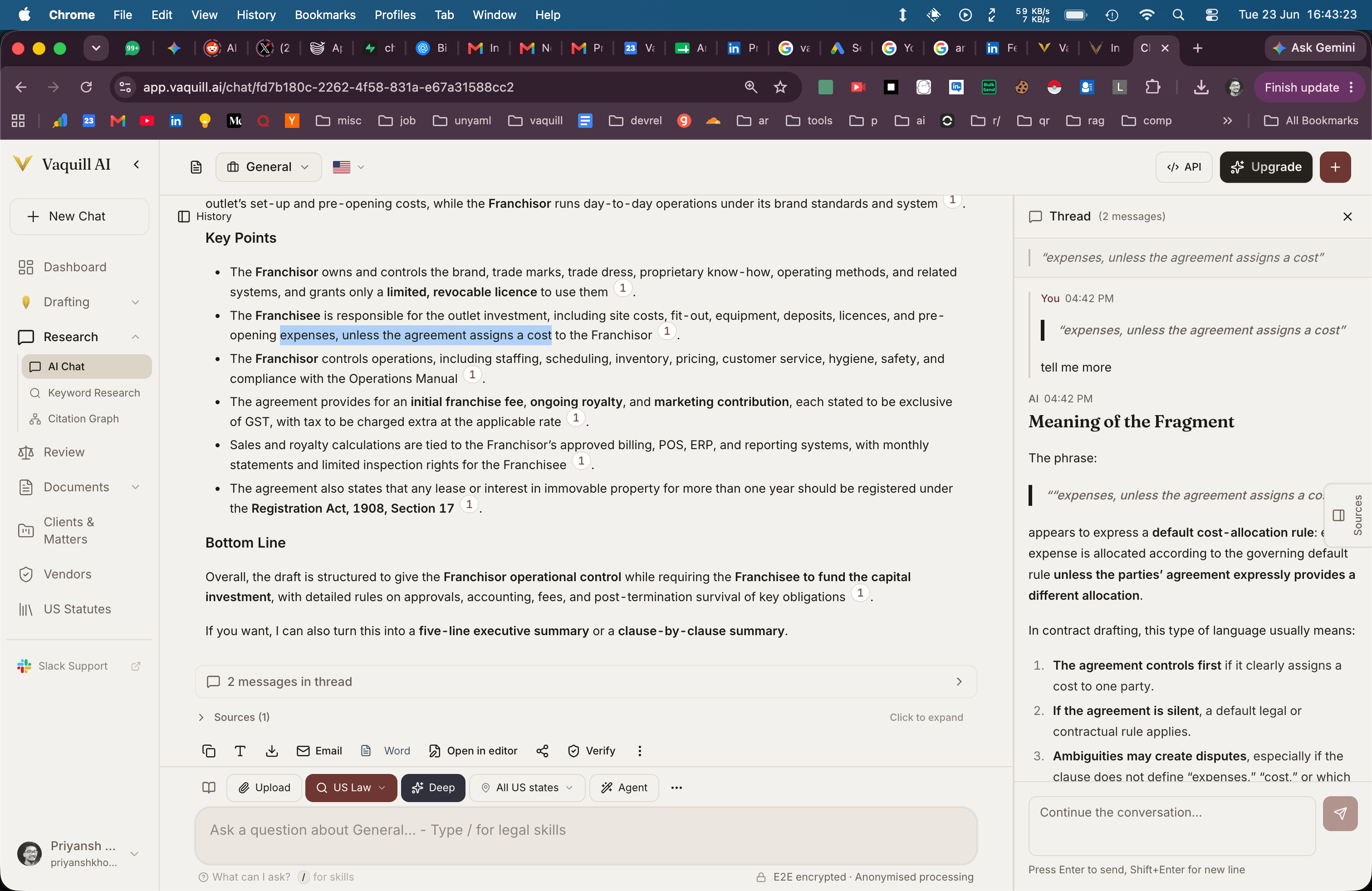 A Thread panel branching a focused sub-conversation from a selected sentence in an AI response