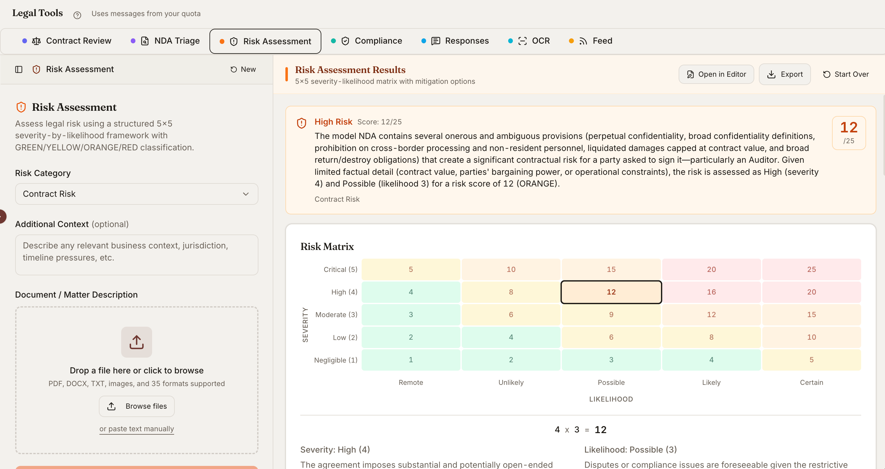 Risk Assessment results with a 5x5 severity-by-likelihood matrix and an overall risk score