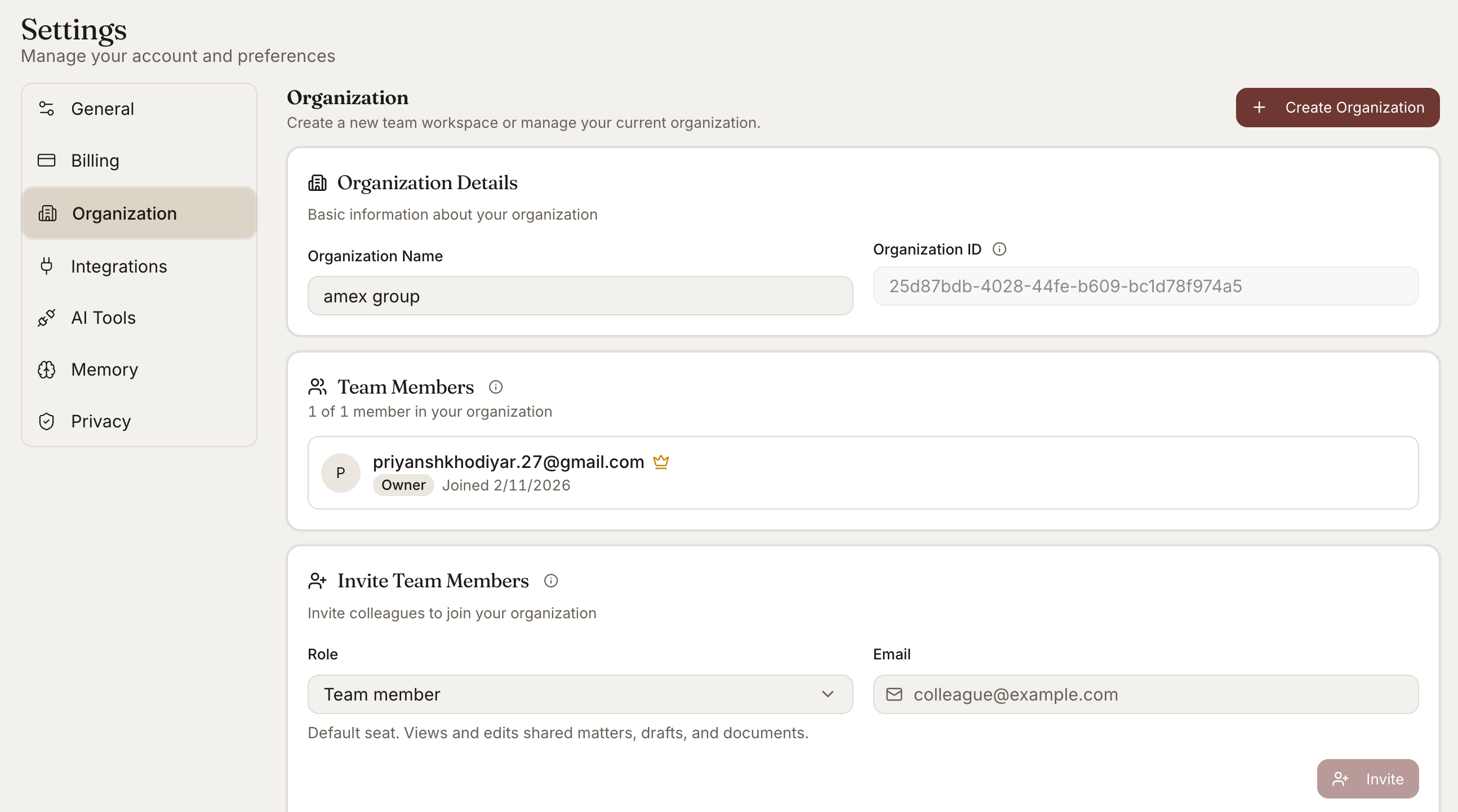 Organization settings showing team members and an invite form with role and email