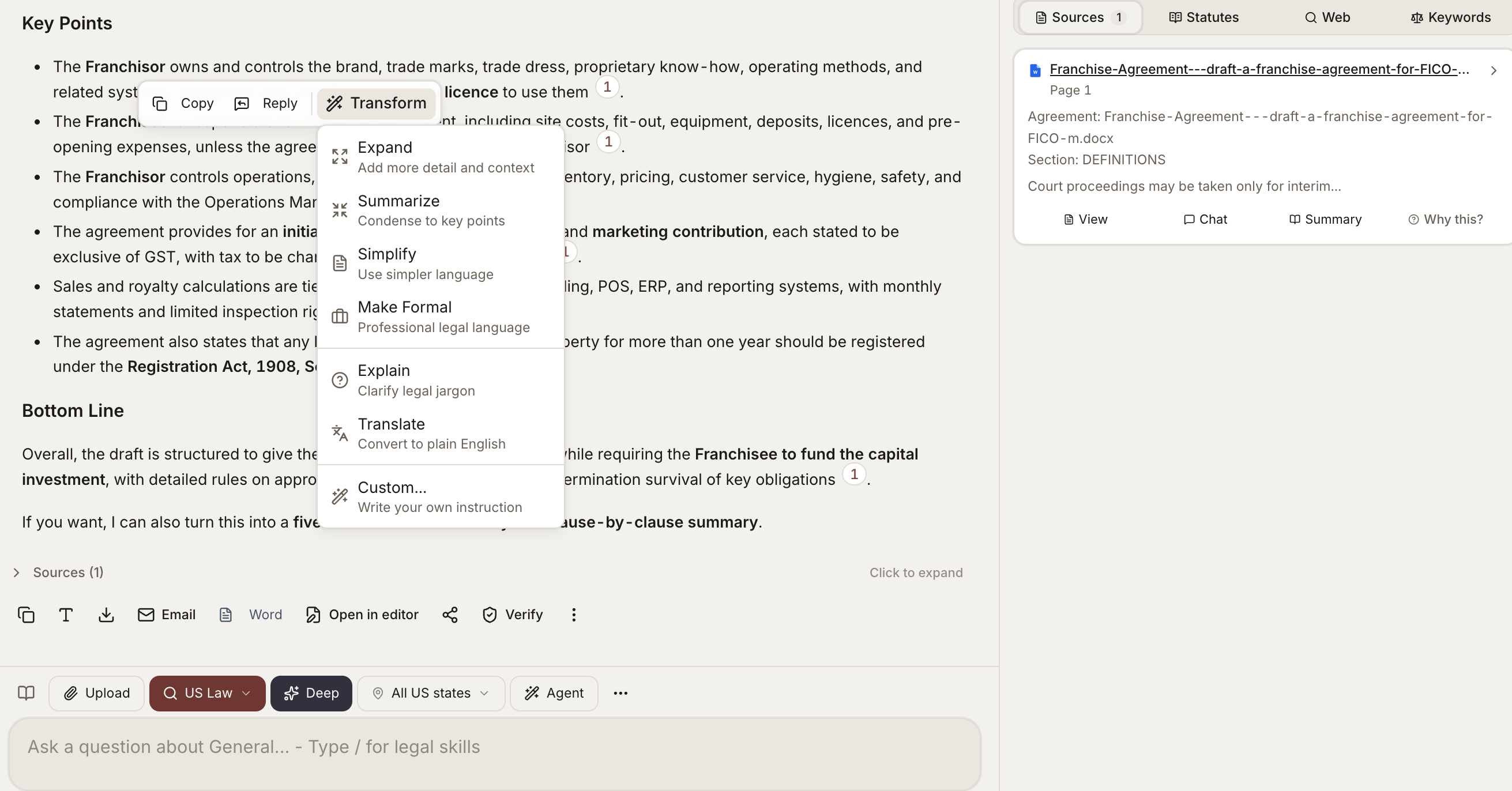 Document Analyst answering a question on a document, with a Transform menu and a sources panel