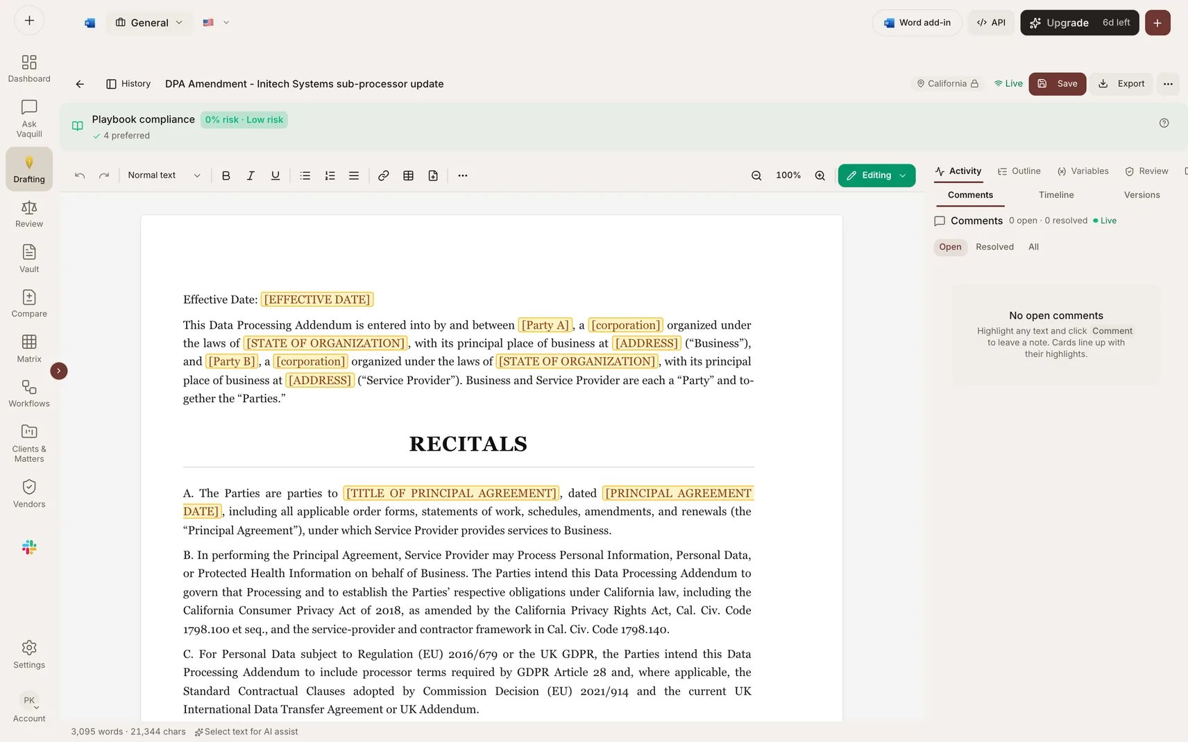 Screenshot of the draft editor showing the document body with the track-changes toolbar