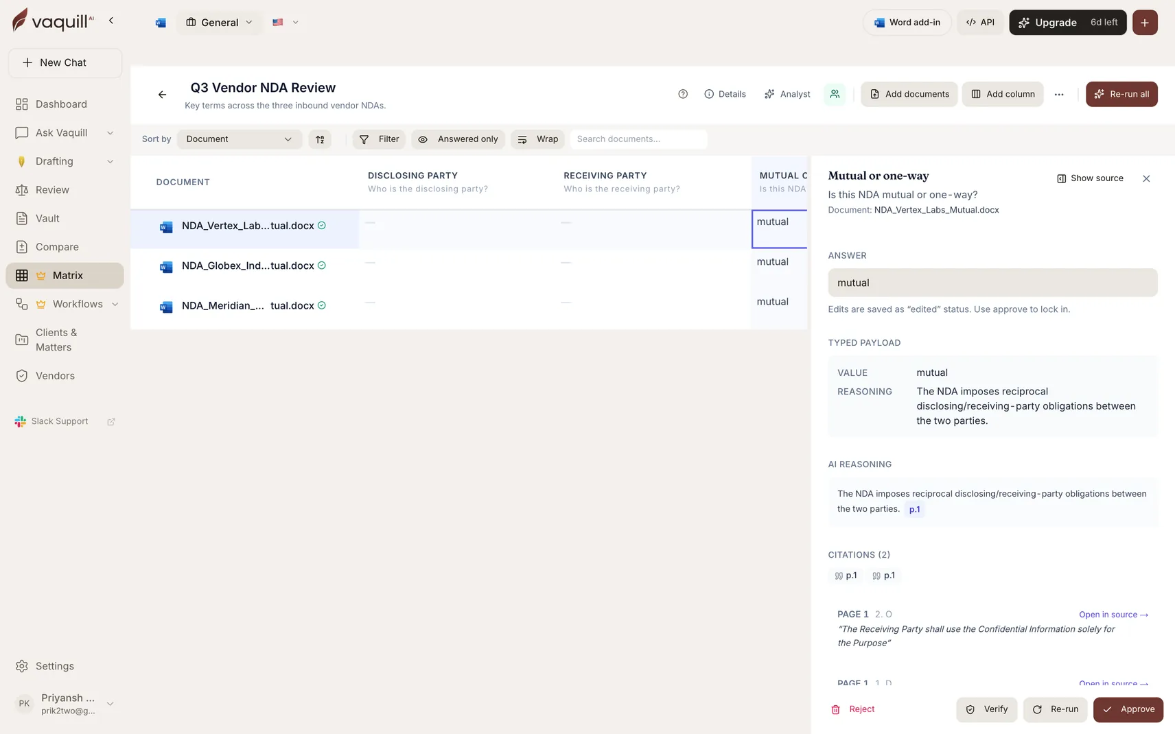 Screenshot of a document matrix showing extracted answers per document with citation counts