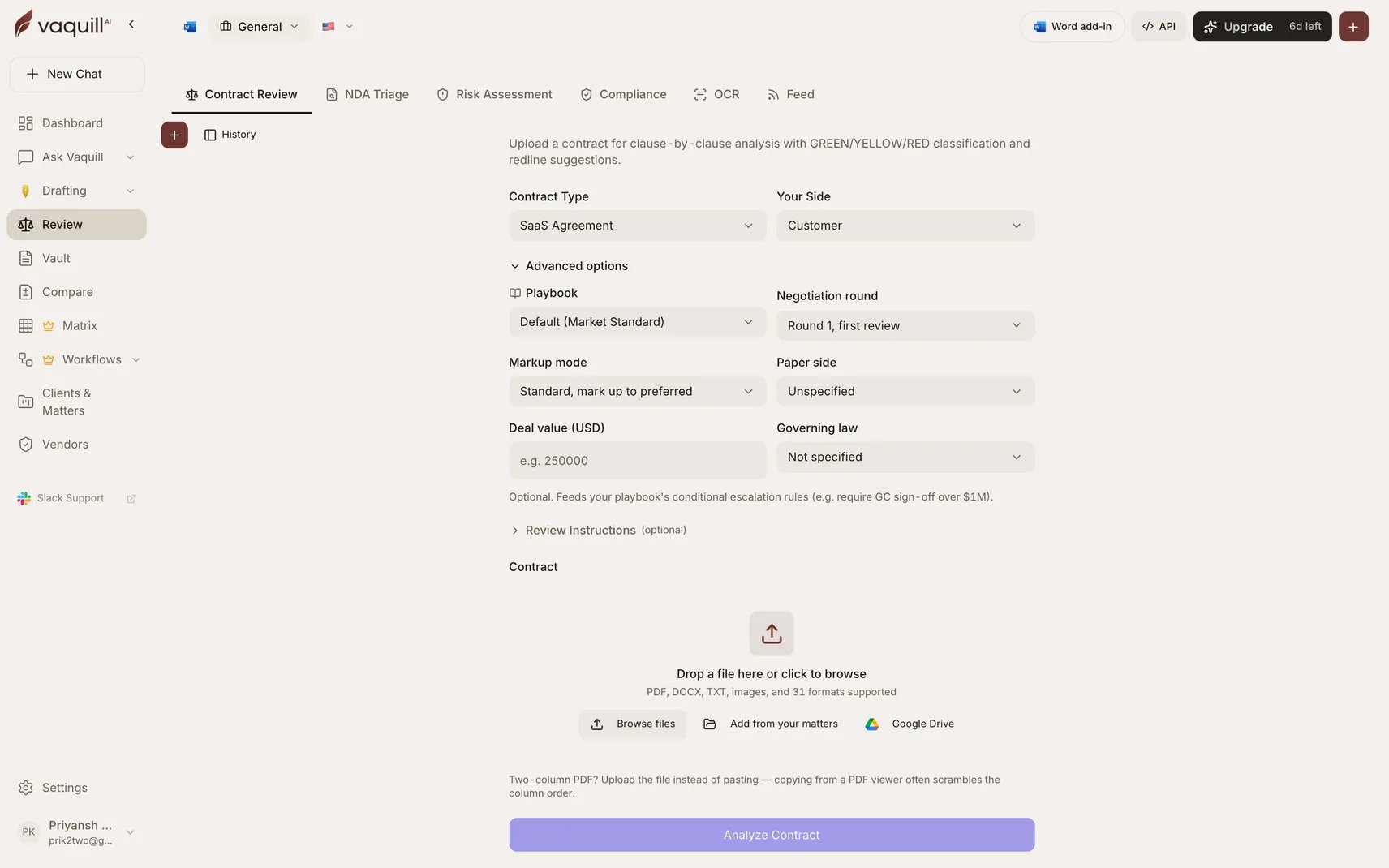 Screenshot of the Review hub showing the available legal tool tabs