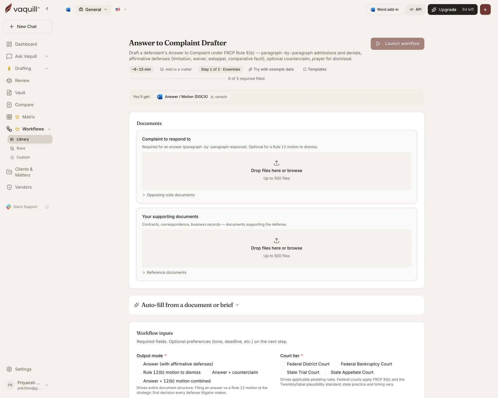 Screenshot of the Answer to Complaint Drafter launcher showing its document slots and input form