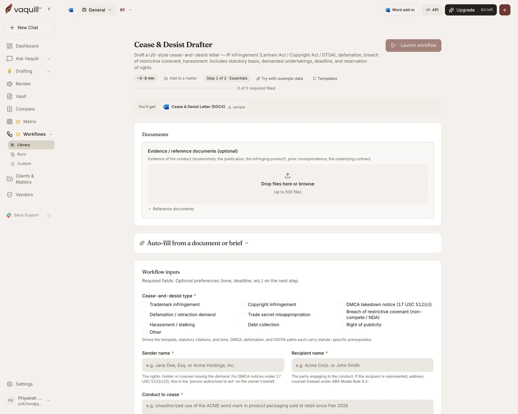 Screenshot of the Cease and Desist Drafter launcher showing its document slots and input form