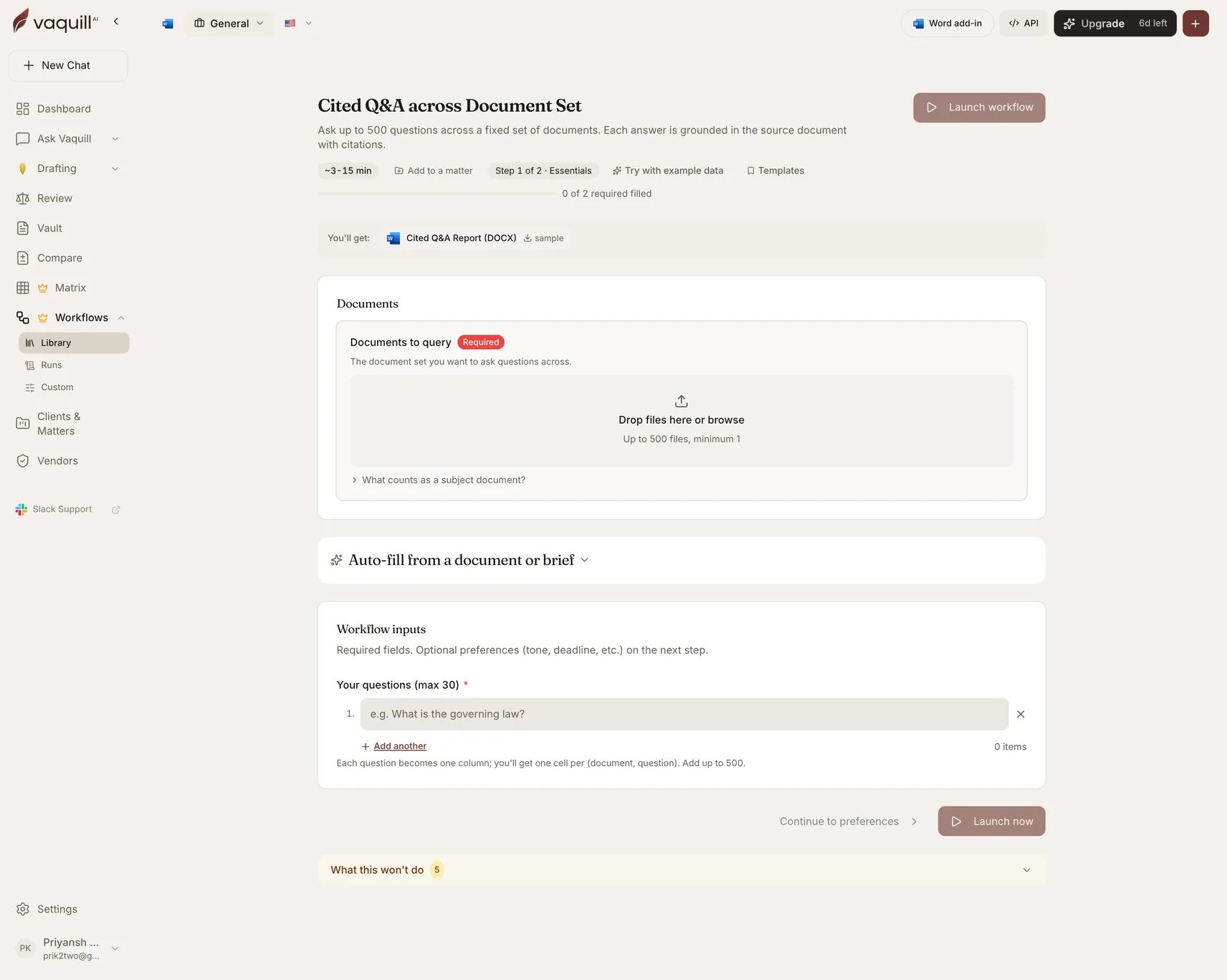 Screenshot of the Cited Q&A across a Document Set launcher showing its document slots and input form