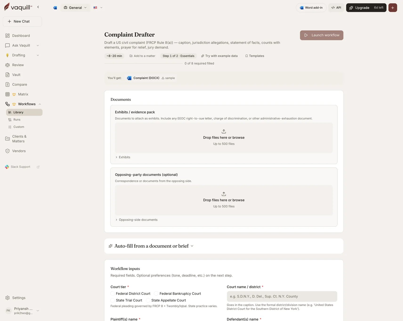 Screenshot of the Complaint Drafter launcher showing its document slots and input form