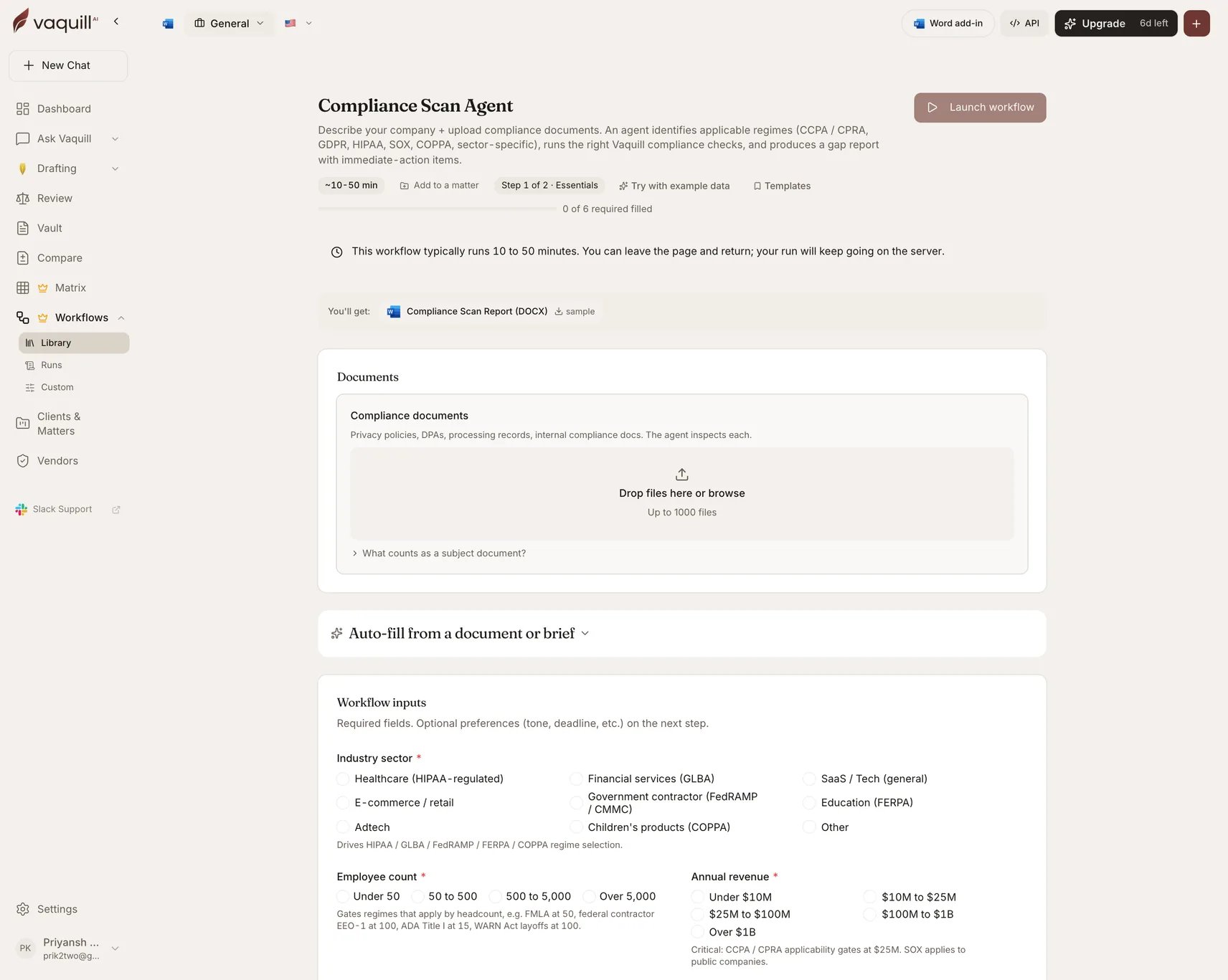 Screenshot of the Compliance Scan Agent launcher showing its document slots and input form
