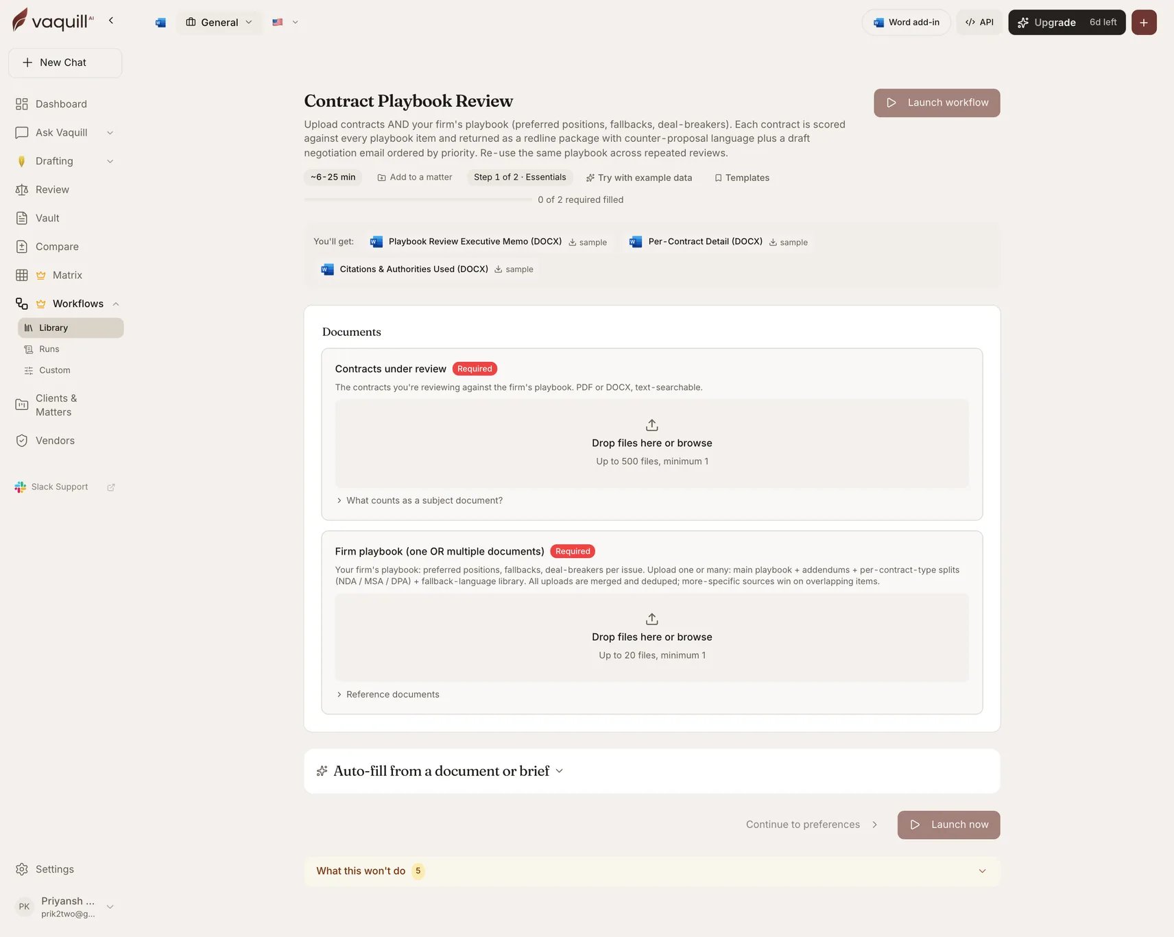 Screenshot of the Contract Playbook Review launcher showing its document slots and input form