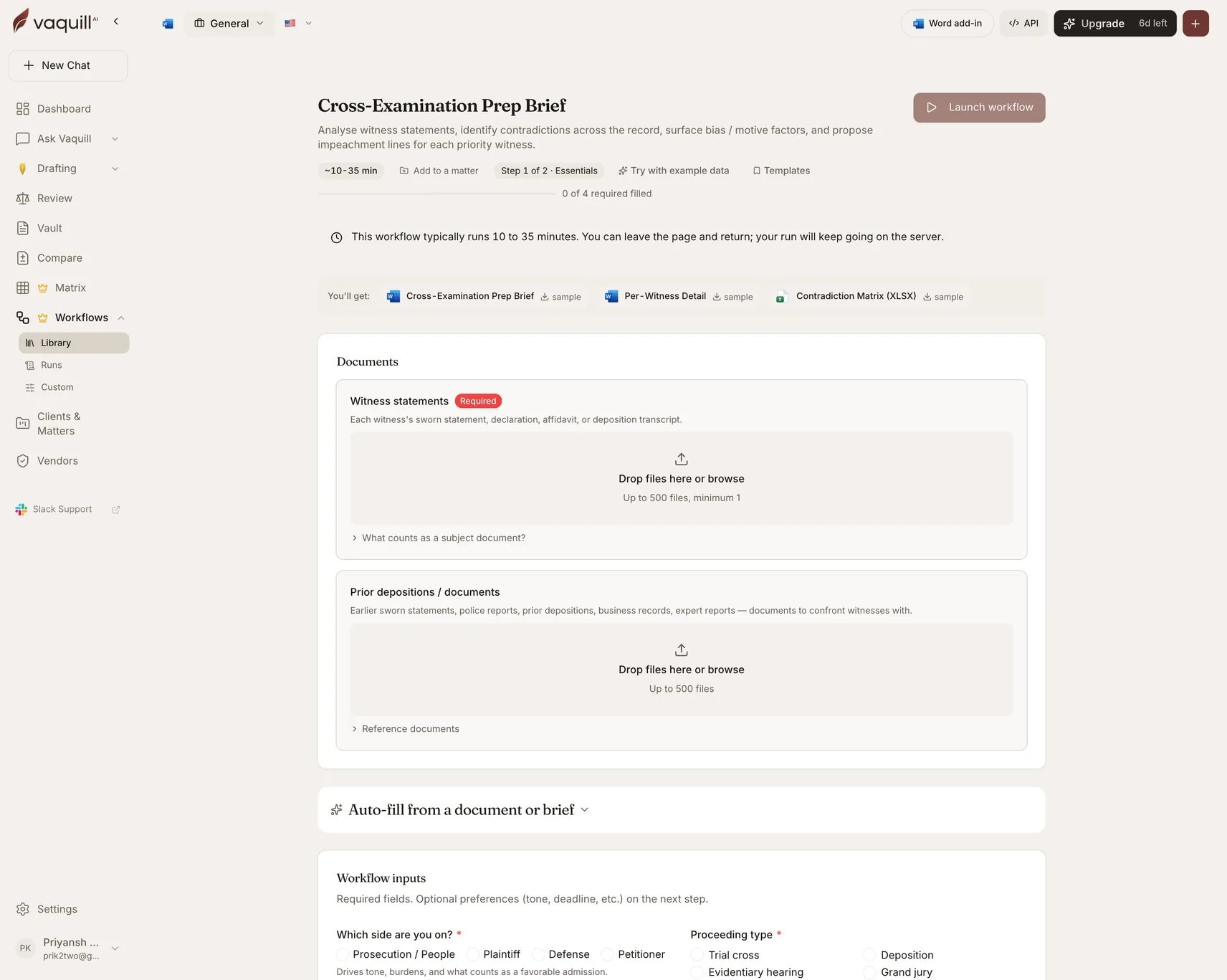 Screenshot of the Cross-Examination Prep Brief launcher showing its document slots and input form