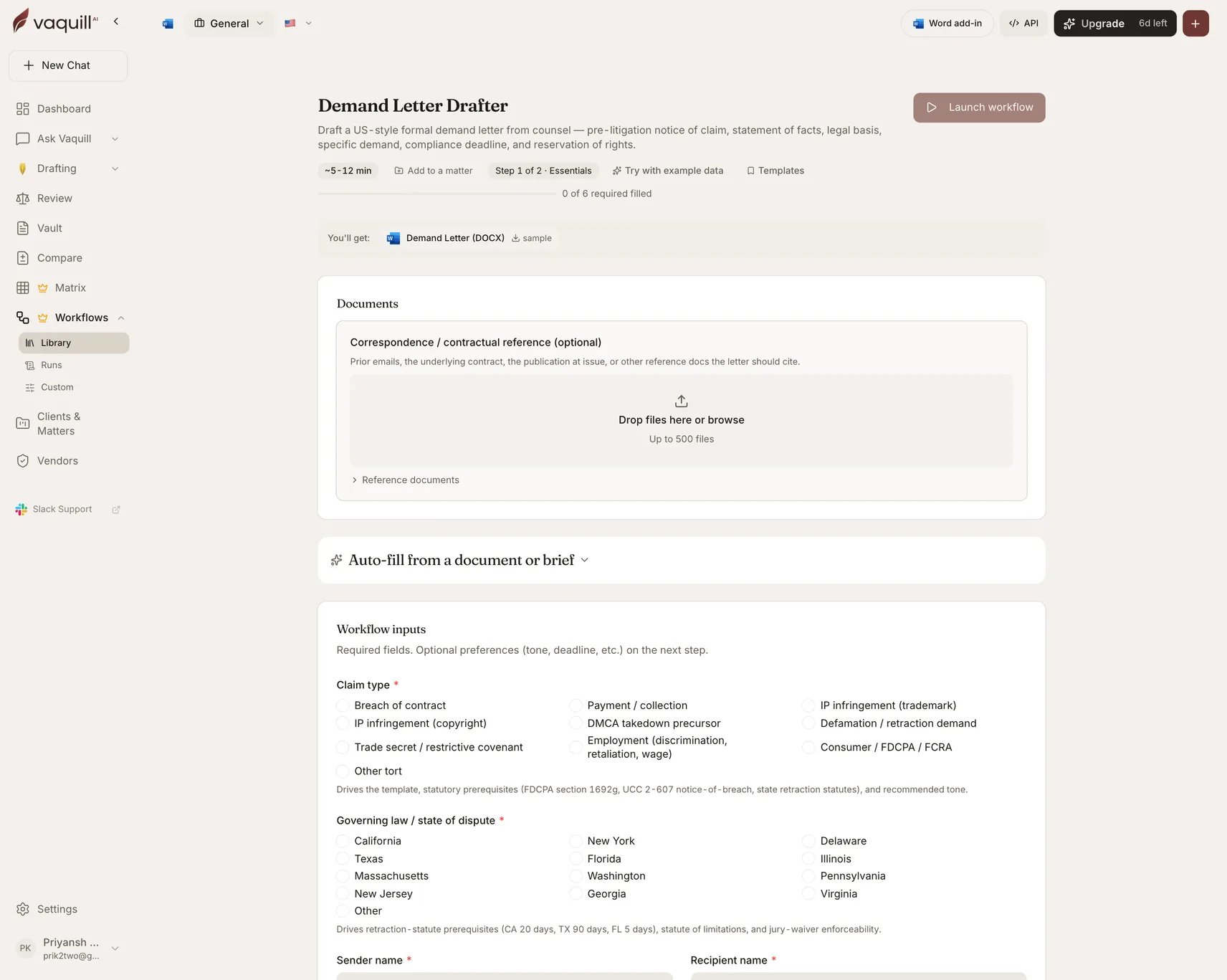 Screenshot of the Demand Letter Drafter launcher showing its document slots and input form