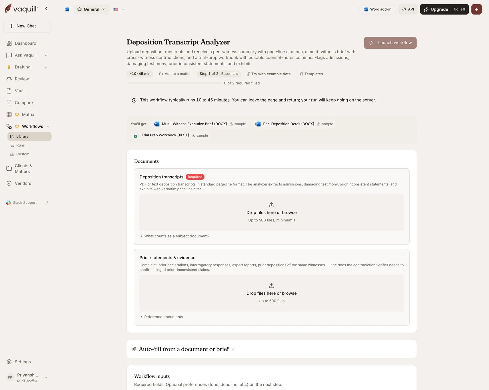 Screenshot of the Deposition Transcript Analyzer launcher showing its document slots and input form