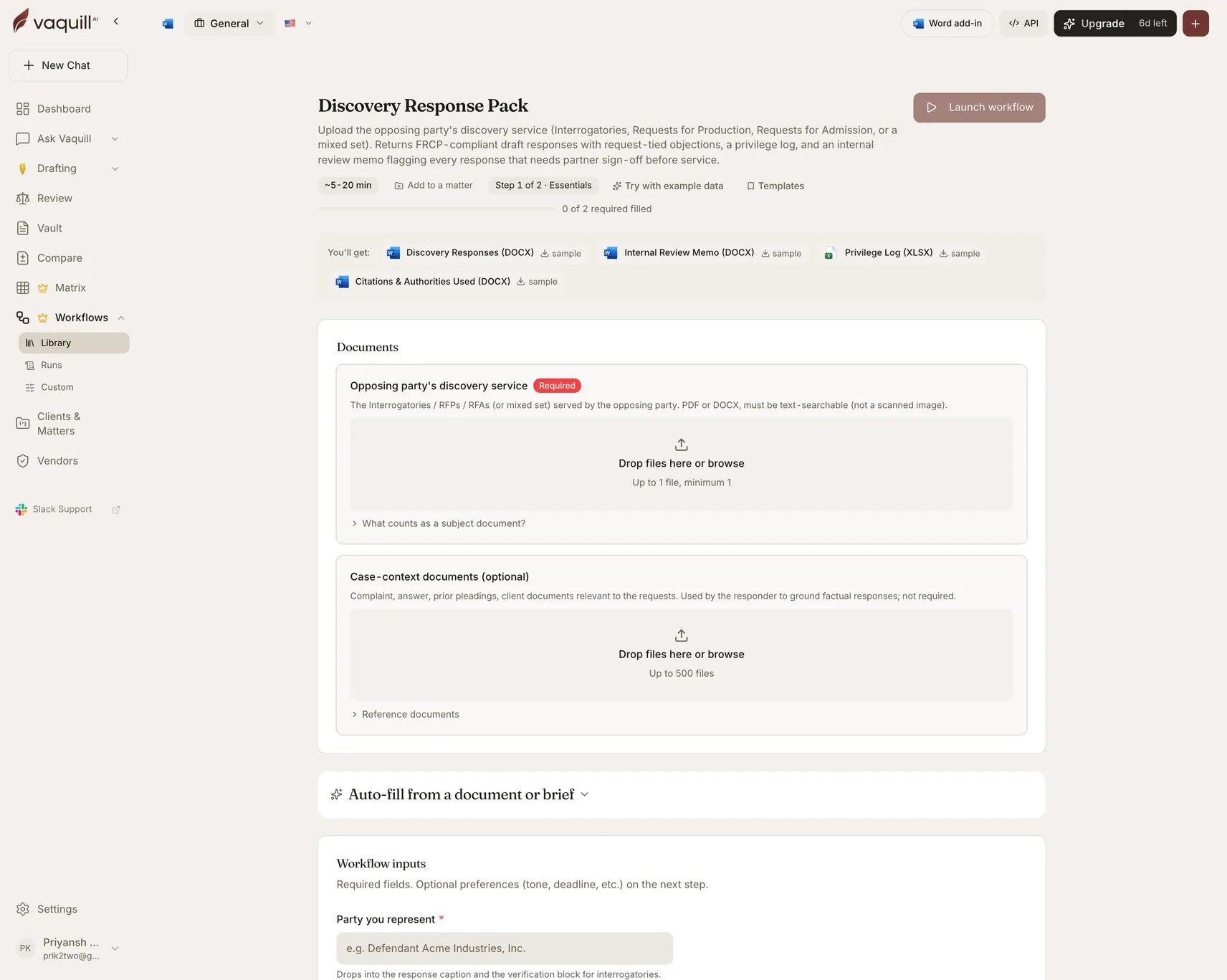 Screenshot of the Discovery Response Pack launcher showing its document slots and input form