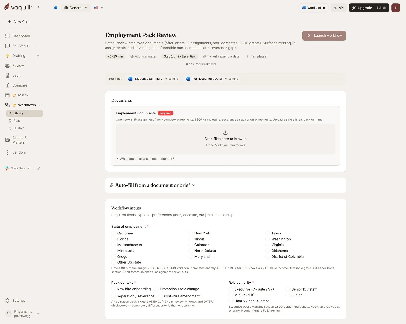 Screenshot of the Employment Pack Review launcher showing its document slots and input form